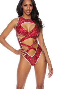Bodyshotz Paisley Bandana Criss Cross Swimwear Bodysuit with Deep Plunge in Red  from SexyShoes.com