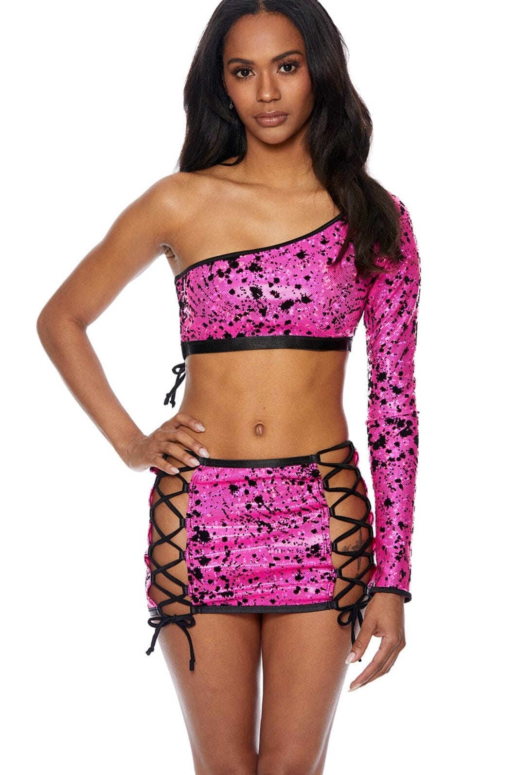 Bodyshotz Two Piece Off Shoulder Set with Open Side Tie Skirt in Pink  from SexyShoes.com