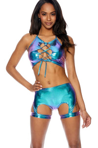 Bodyshotz Two Piece Halter Bra & Booty Shorts in Blue  from SexyShoes.com