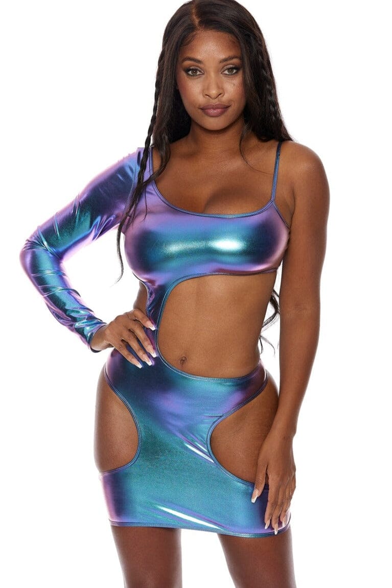 Bodyshotz Hologram Liquify Dress with Large Cut Outs in Hologram  from SexyShoes.com