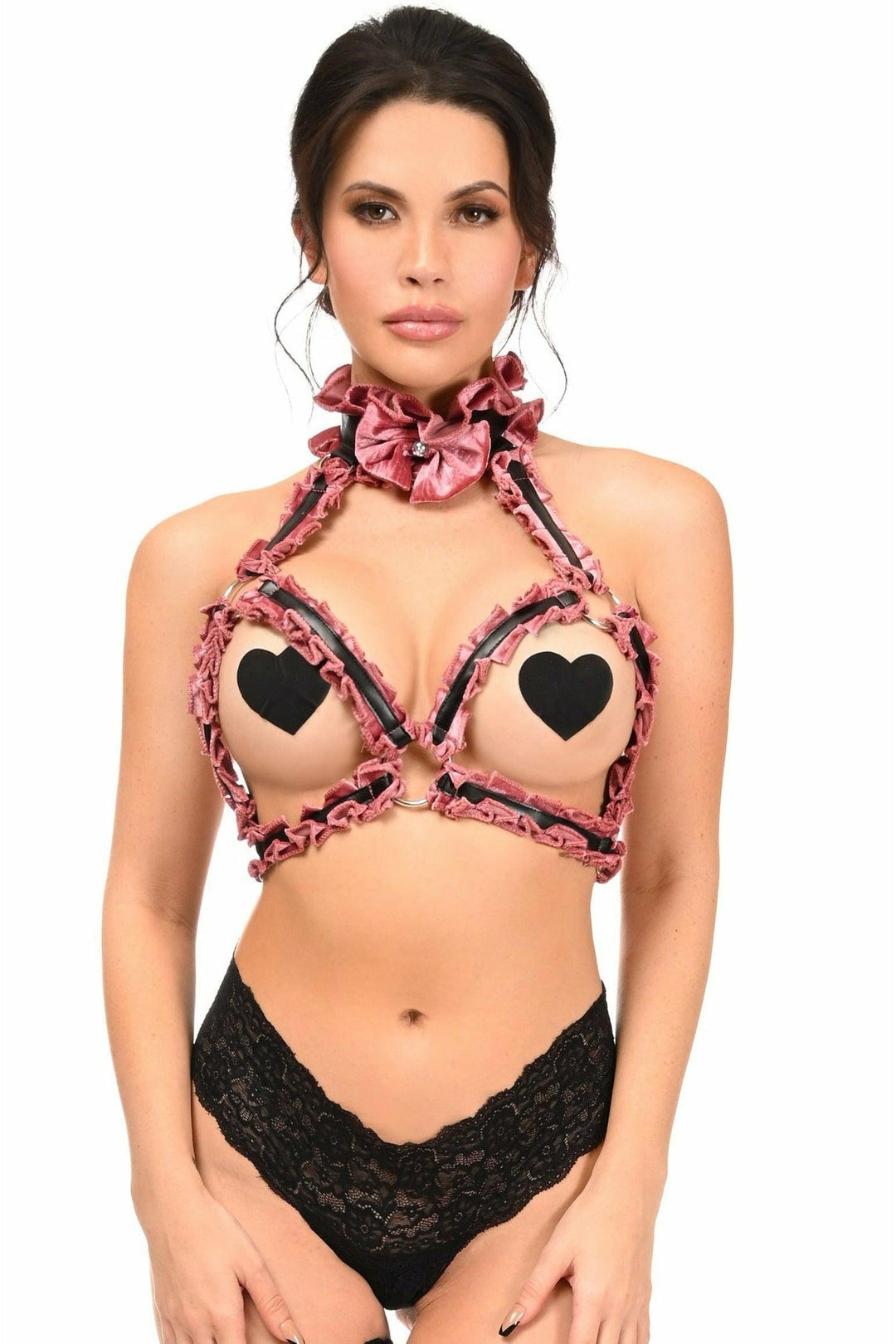 Kitten Collection Dusty Rose Velvet Triangle Top Body Harness-Body Harness-Daisy Corsets-Pink-REG-SEXYSHOES.COM