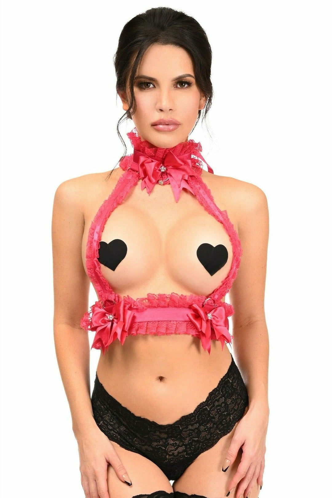 Kitten Collection Fuchsia/Fuchsia Lace Double Strap Body Harness-Body Harness-Daisy Corsets-Fuchsia-REG-SEXYSHOES.COM