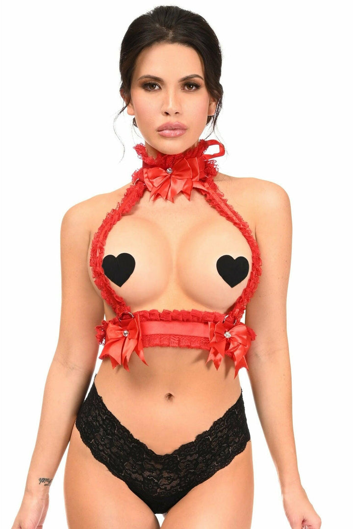 Kitten Collection Red/Red Lace Double Strap Body Harness-Body Harness-Daisy Corsets-Red-REG-SEXYSHOES.COM