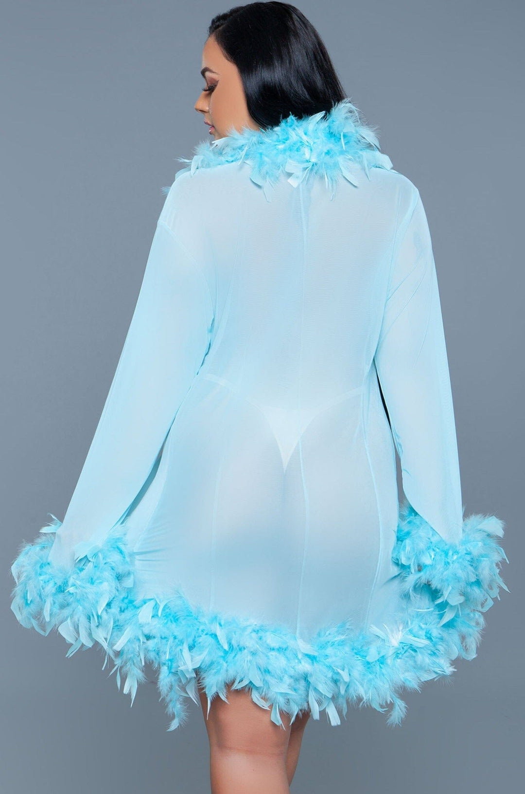 Knee Length Feather Robe With Ribbon Ties-Gowns + Robes-BeWicked-Blue-O/S-SEXYSHOES.COM