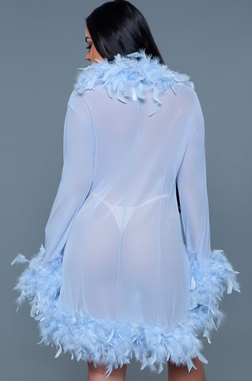 Knee Length Feather Robe With Ribbon Ties-Gowns + Robes-BeWicked-Blue-O/S-SEXYSHOES.COM