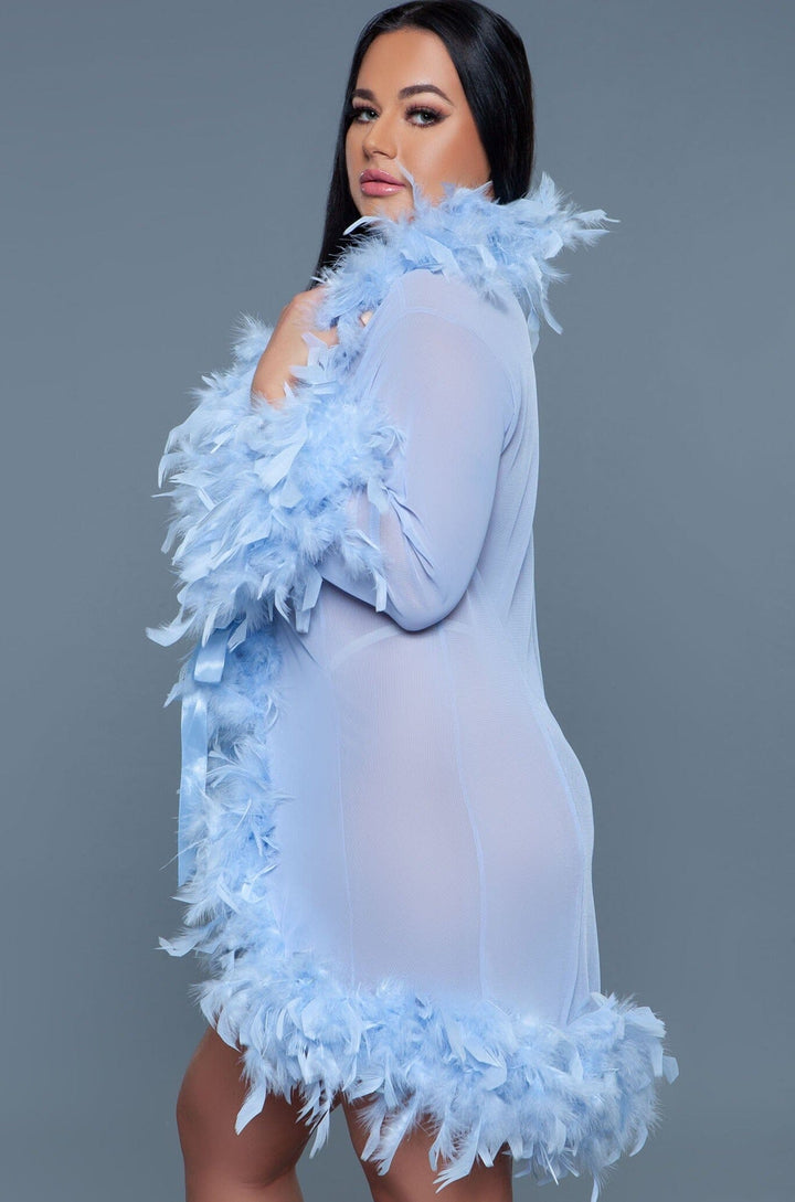 Knee Length Feather Robe With Ribbon Ties-Gowns + Robes-BeWicked-Blue-O/S-SEXYSHOES.COM