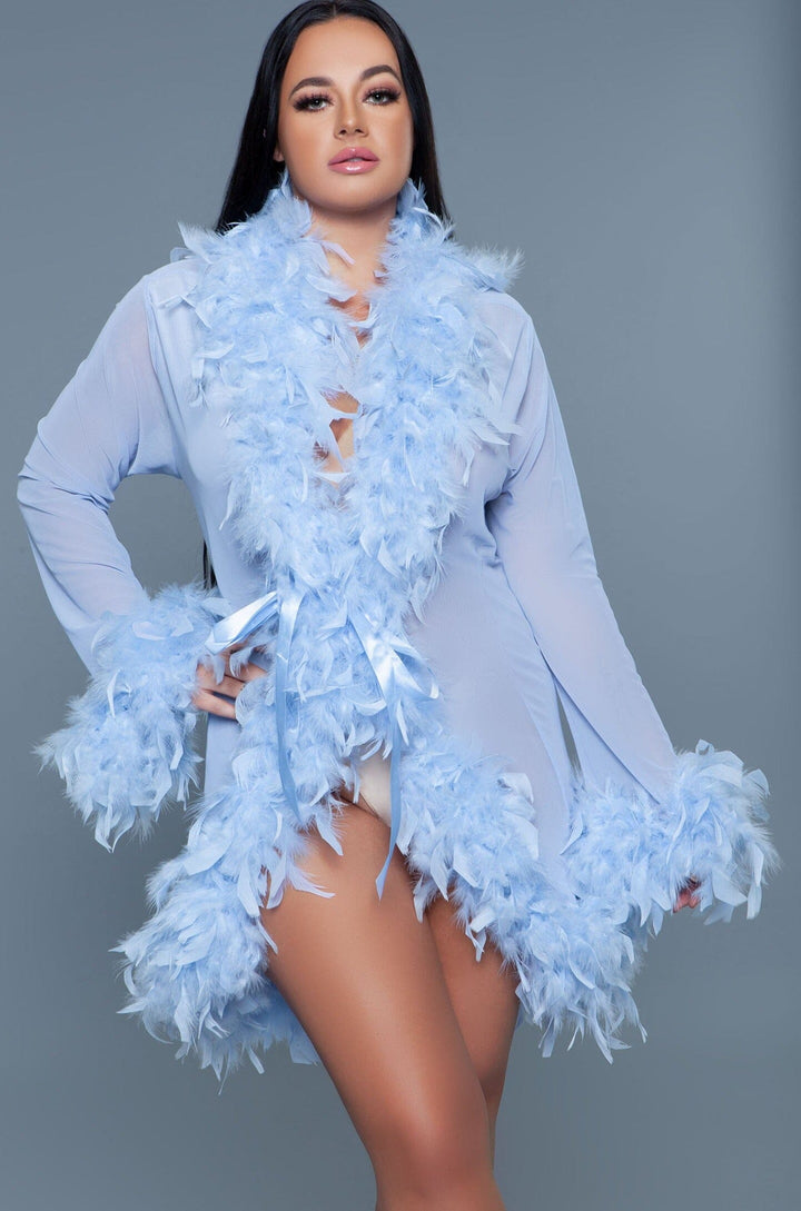 Knee Length Feather Robe With Ribbon Ties-Gowns + Robes-BeWicked-Blue-O/S-SEXYSHOES.COM