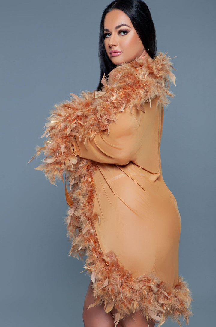 Knee Length Feather Robe With Ribbon Ties-Gowns + Robes-BeWicked-Brown-O/S-SEXYSHOES.COM