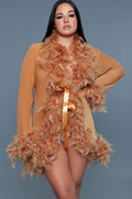 Knee Length Feather Robe With Ribbon Ties