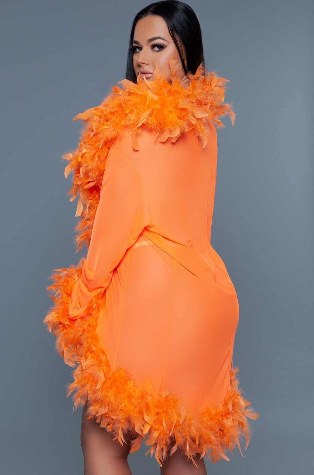 Knee Length Feather Robe With Ribbon Ties-Gowns + Robes-BeWicked-Orange-O/S-SEXYSHOES.COM
