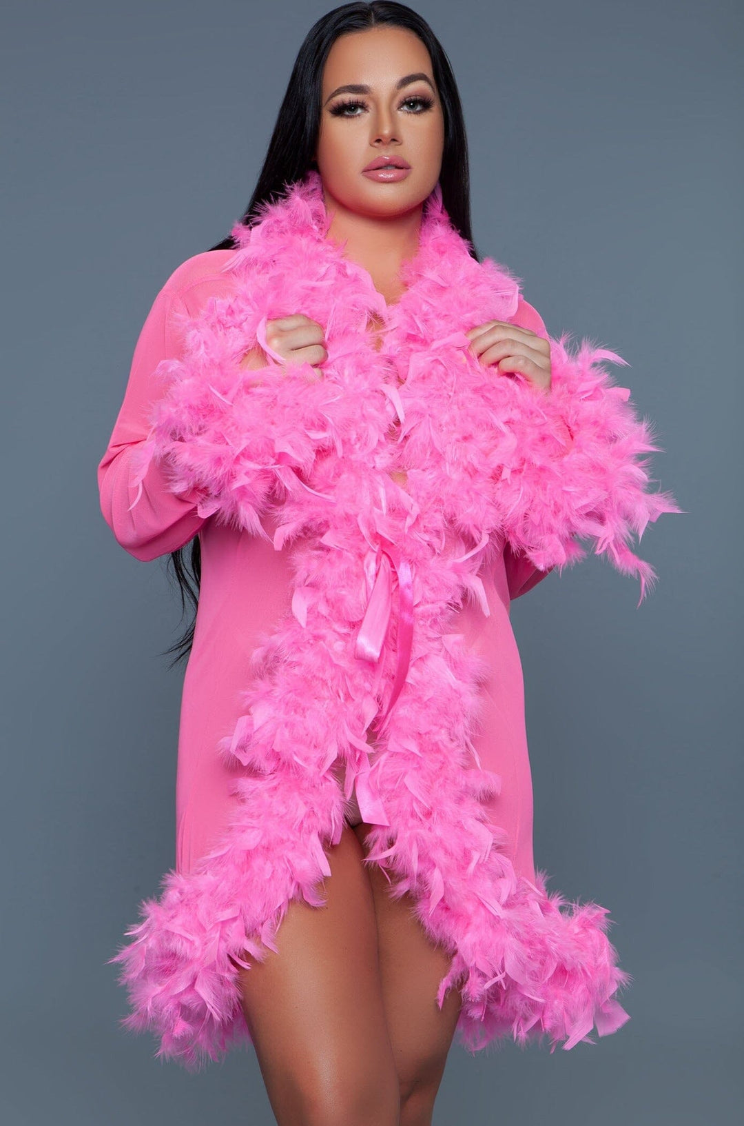 Knee Length Feather Robe With Ribbon Ties-Gowns + Robes-BeWicked-Pink-O/S-SEXYSHOES.COM