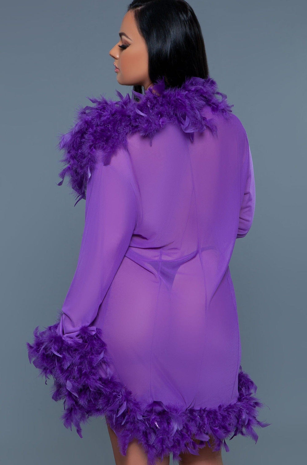Knee Length Feather Robe With Ribbon Ties-Gowns + Robes-BeWicked-Purple-O/S-SEXYSHOES.COM