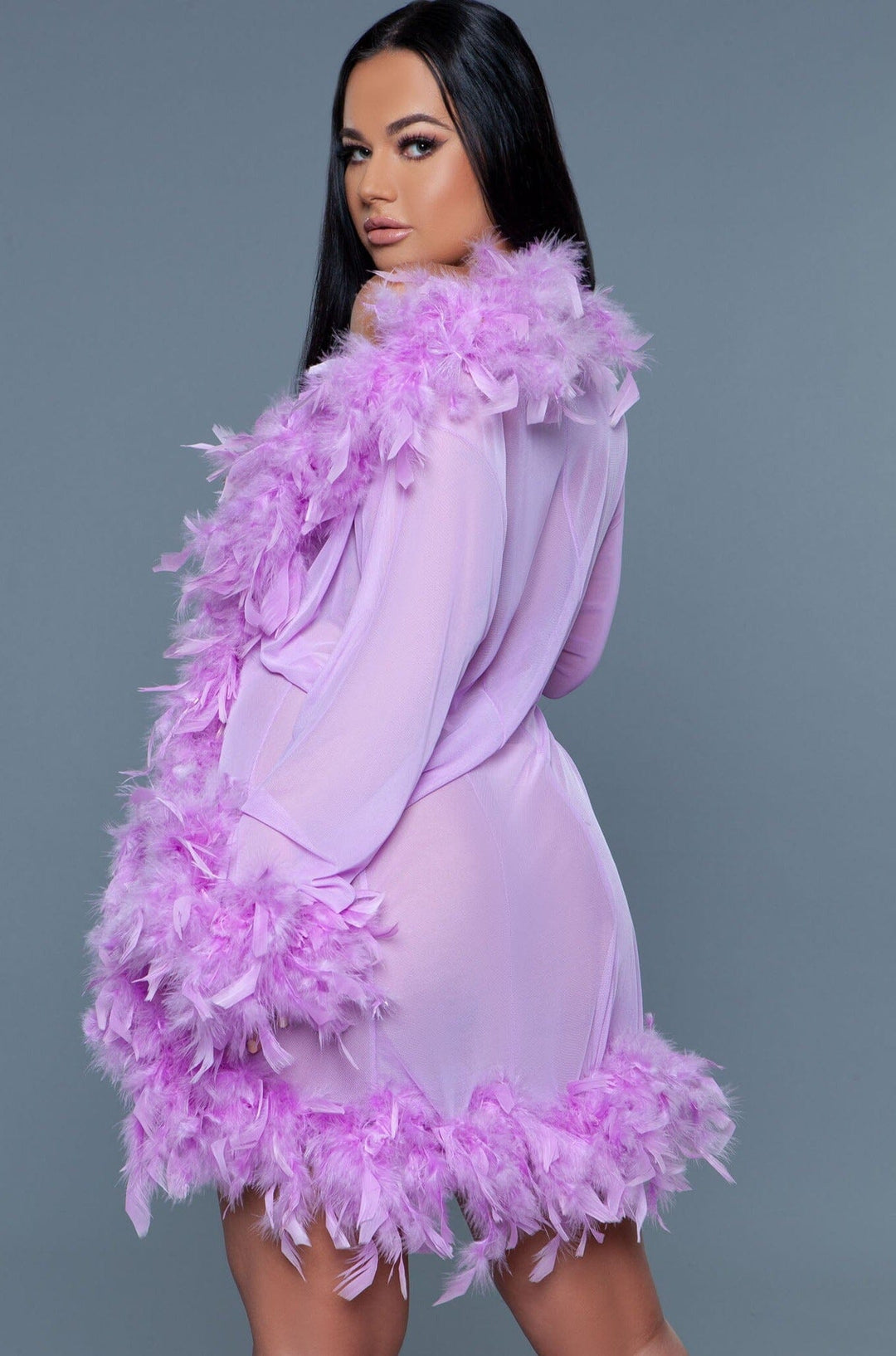 Knee Length Feather Robe With Ribbon Ties-Gowns + Robes-BeWicked-Purple-O/S-SEXYSHOES.COM