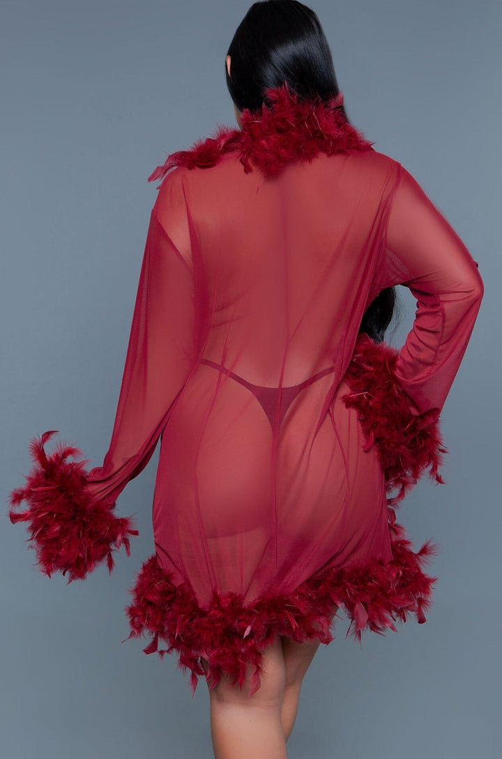 Knee Length Feather Robe With Ribbon Ties-Gowns + Robes-BeWicked-Red-O/S-SEXYSHOES.COM