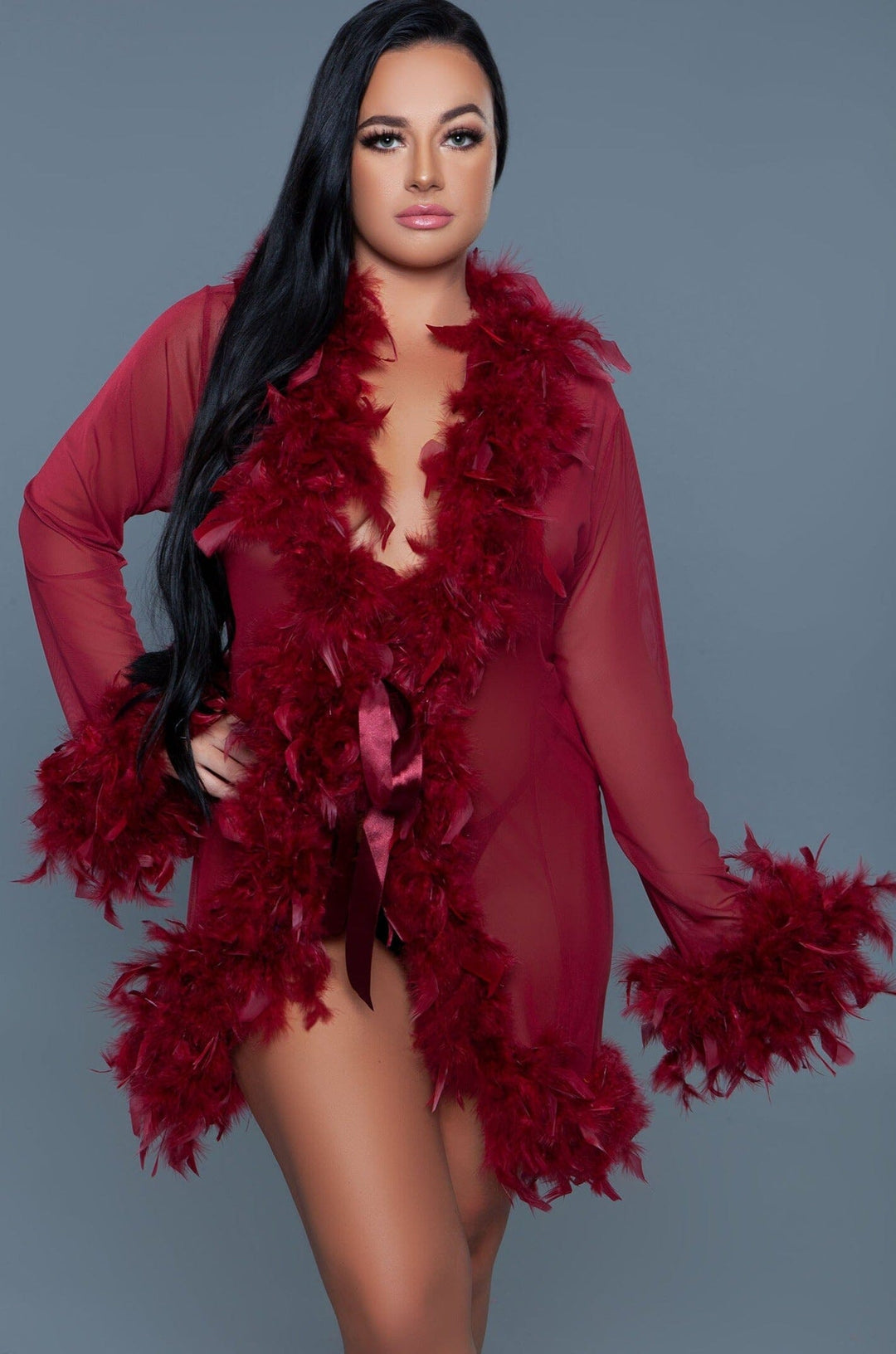 Knee Length Feather Robe With Ribbon Ties-Gowns + Robes-BeWicked-Red-O/S-SEXYSHOES.COM