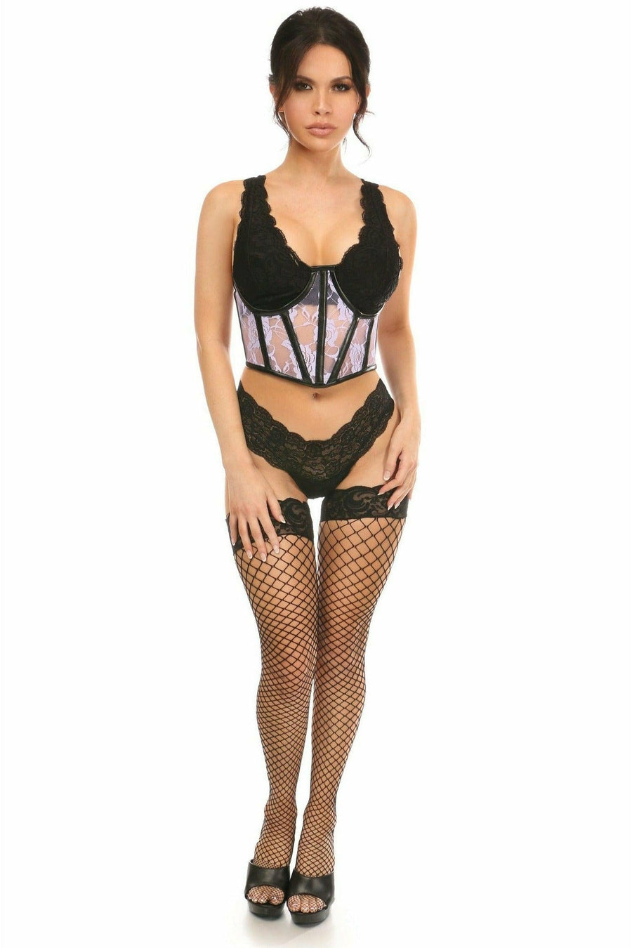 Daisy Corsets Lavish Sheer Lavender Lace & Faux Leather Open Cup Waist Cincher in Purple 