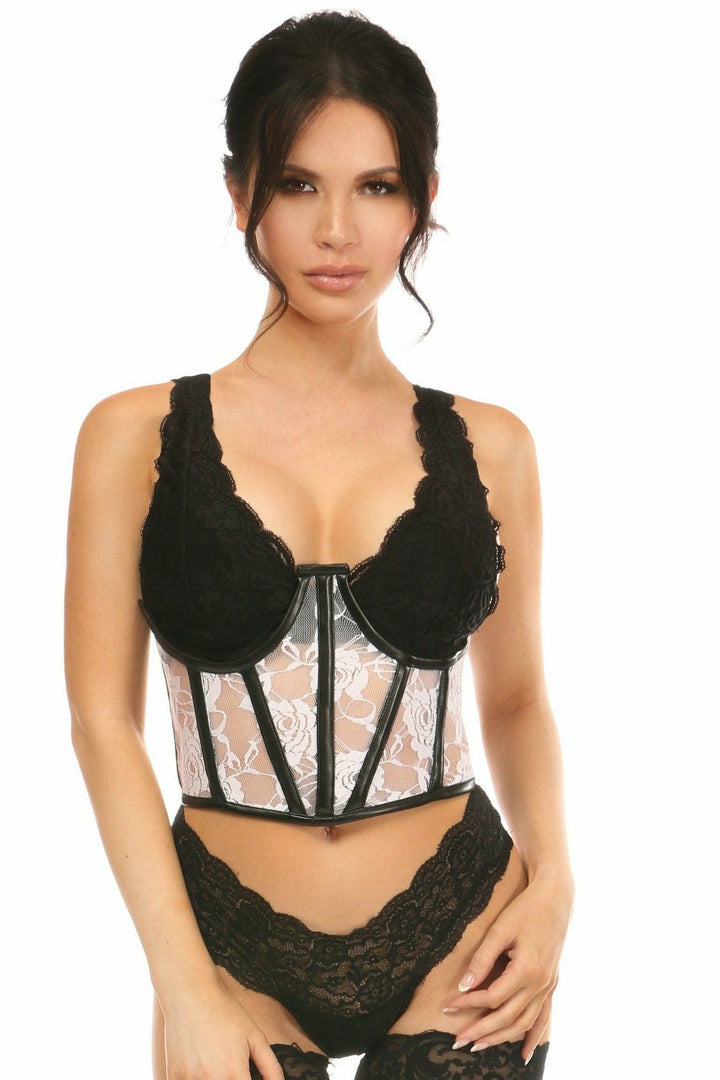 Lavish Sheer White Lace & Faux Leather Open Cup Waist Cincher