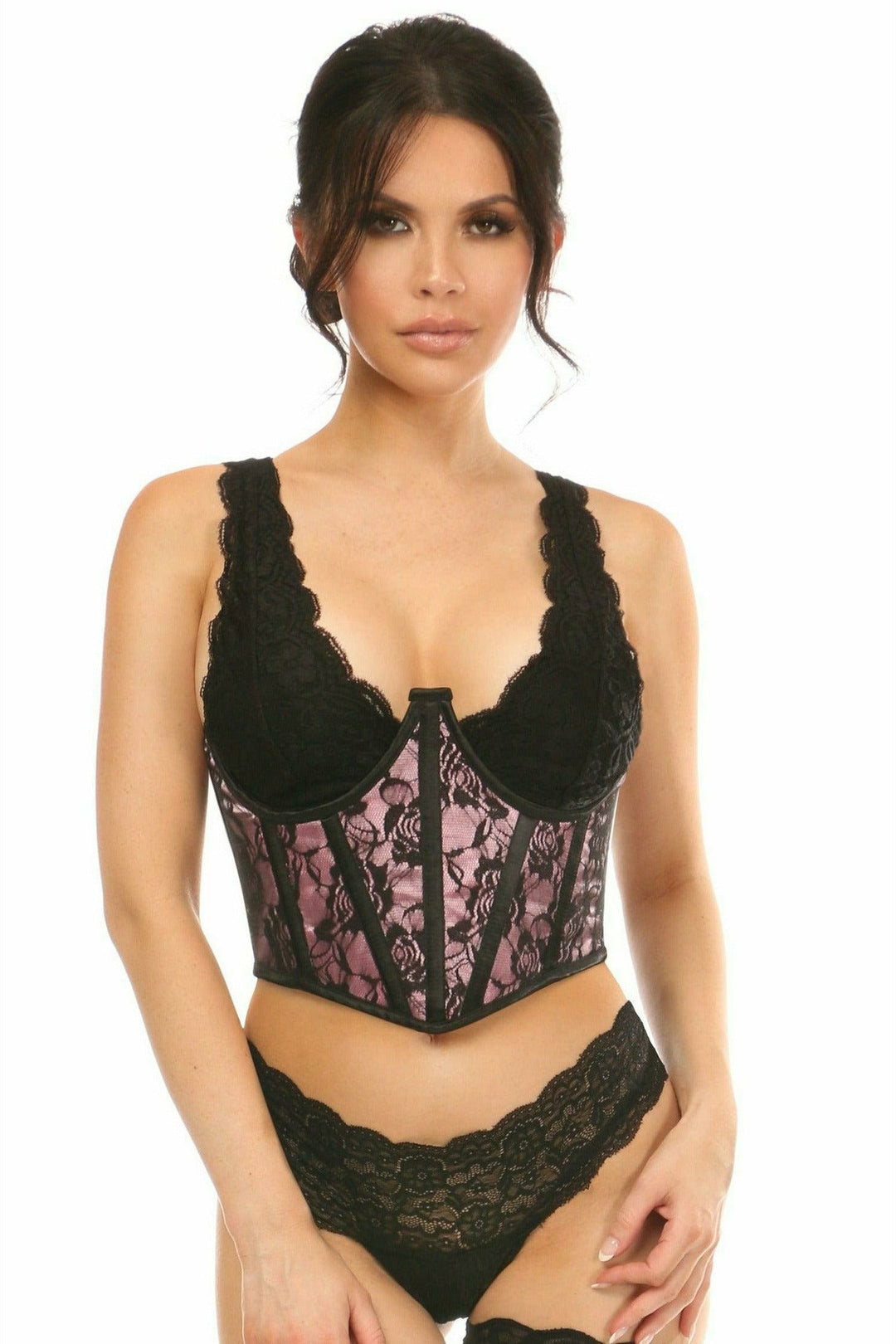 Lavish Pink w/Black Lace Overlay Open Cup Waist Cincher-Waist Cinchers-SEXYSHOES.COM