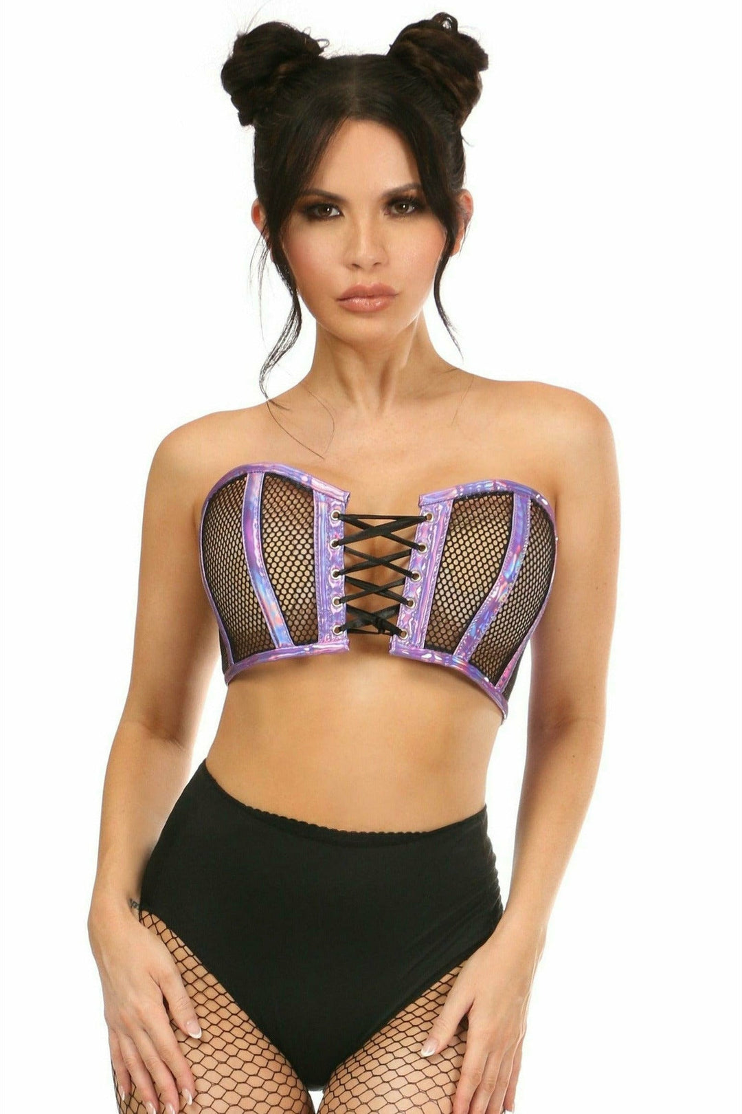 Daisy Corsets Lavish Purple Holo & Fishnet Lace Up Short Bustier Top in Hologram  from SexyShoes.com