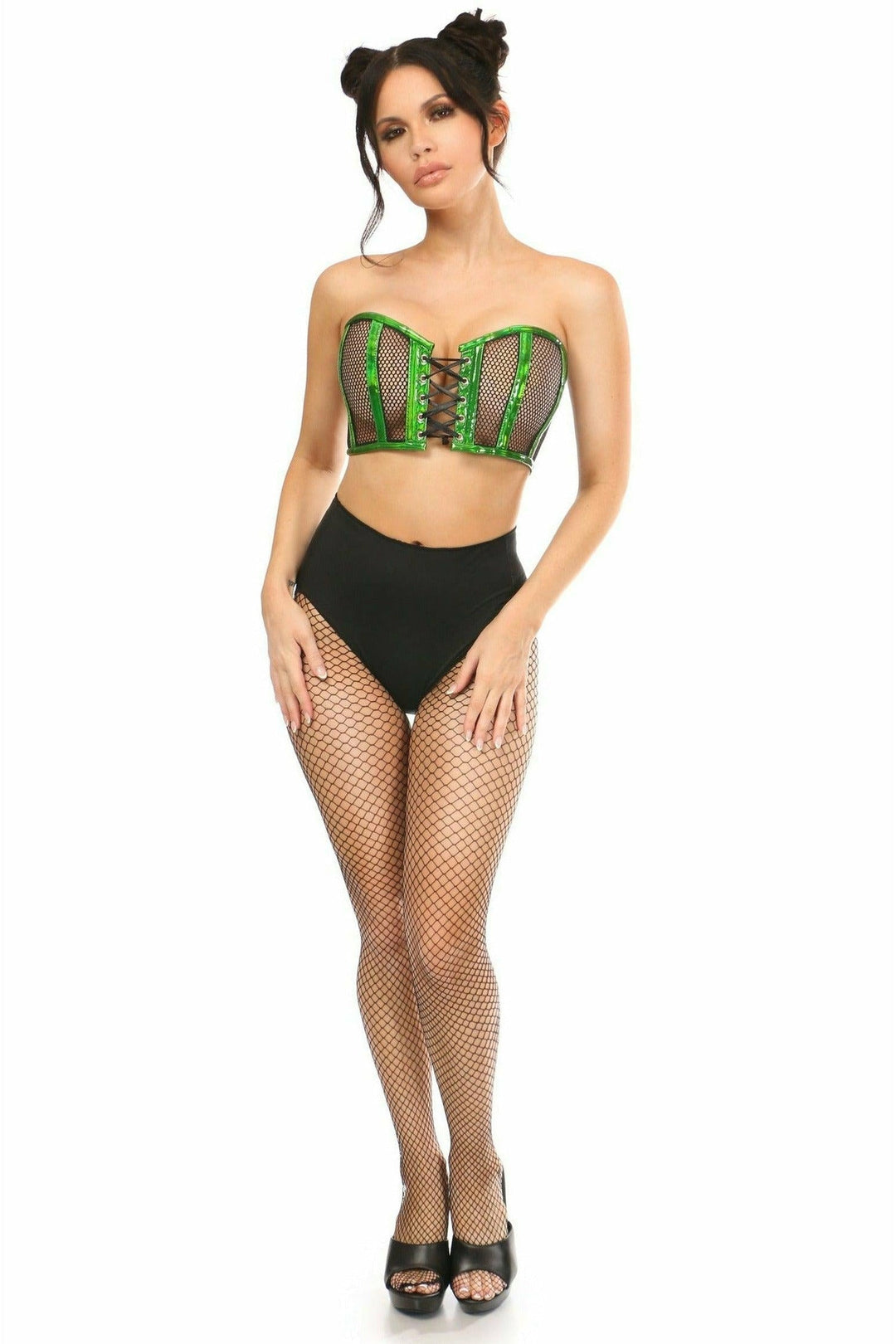 Daisy Corsets Lavish Green Holo & Fishnet Lace Up Short Bustier Top in Hologram 