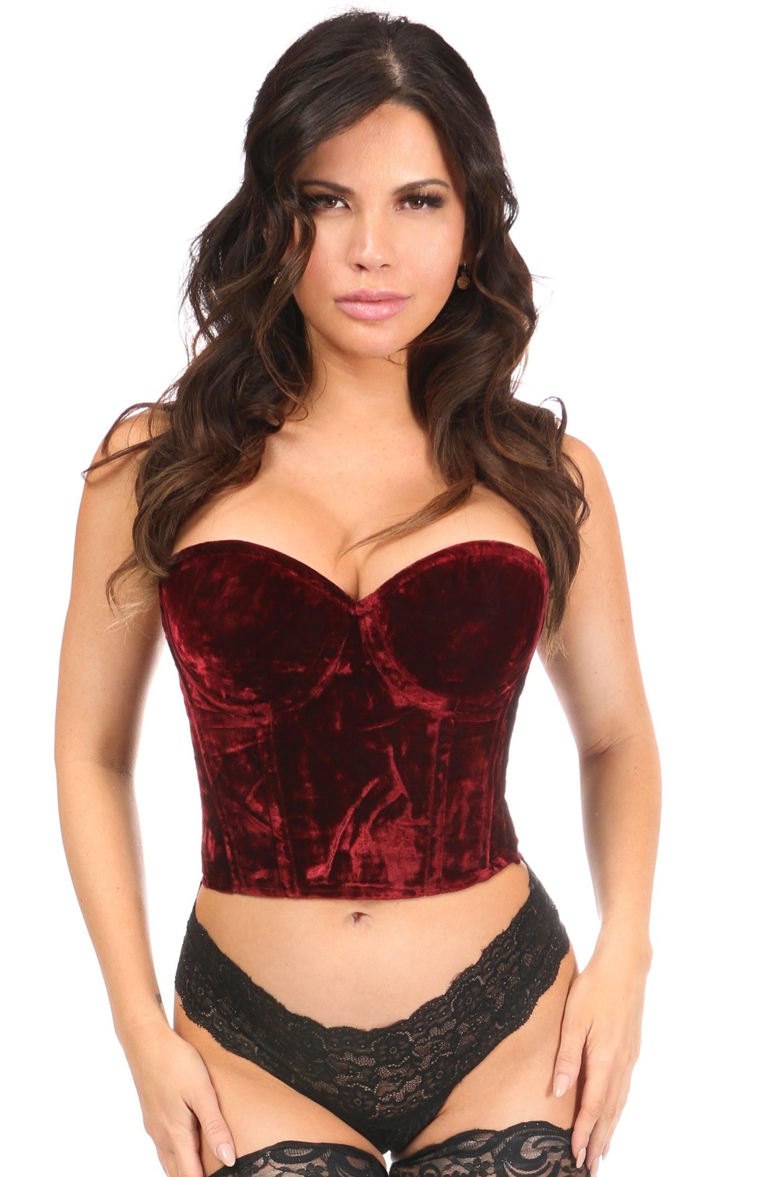 Daisy Corsets Lavish Dark Red Crushed Velvet Underwire Bustier in Red  from SexyShoes.com