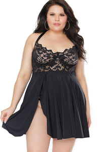 Lace Babydoll Set With Side Open Slit | Plus Size-Babydolls-Coquette-Black-1/2XL-SEXYSHOES.COM
