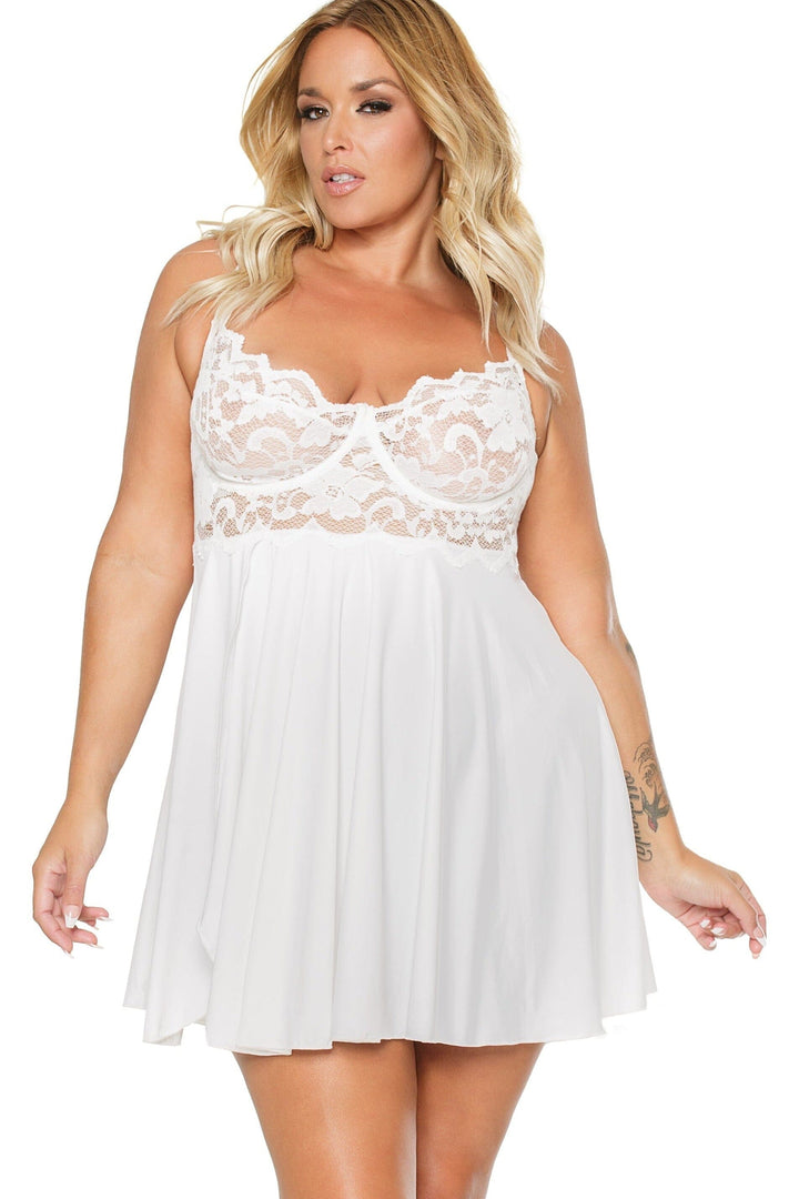 Lace Babydoll Set With Side Open Slit | Plus Size-Babydolls-Coquette-White-1/2XL-SEXYSHOES.COM