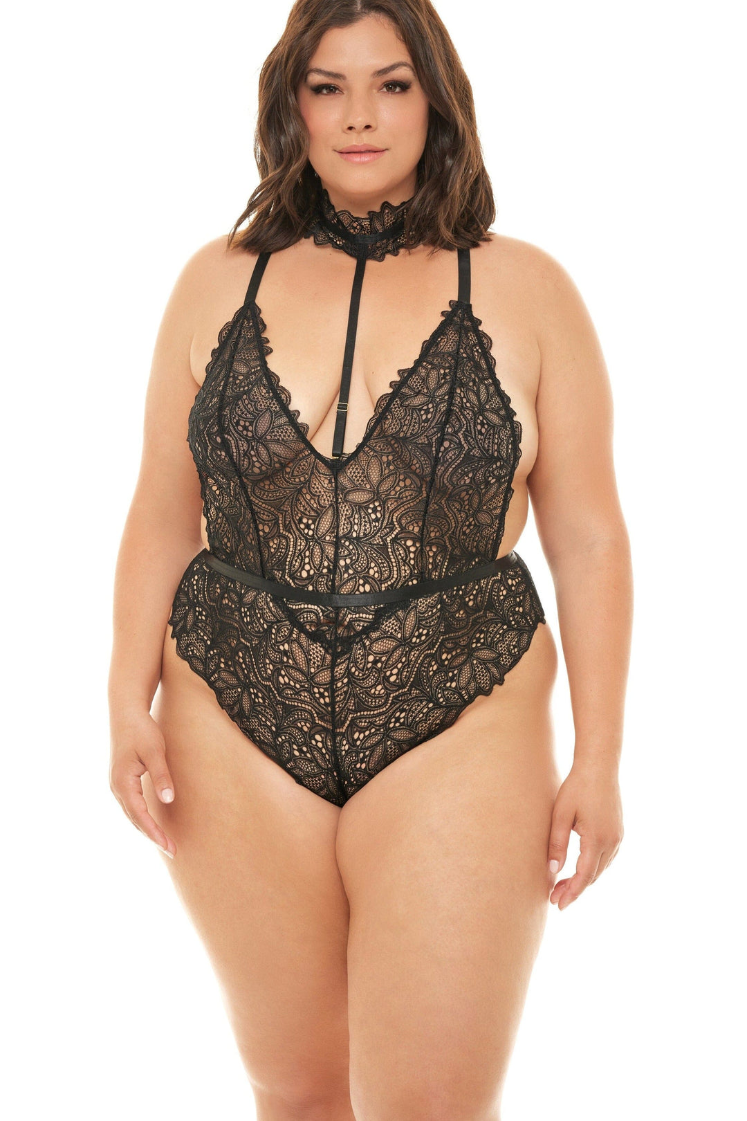 Lace Deep Plunge Teddy With Open Back And Harness Collar Detailing-Teddies-Oh La La Cheri-Black-3X/4X-SEXYSHOES.COM
