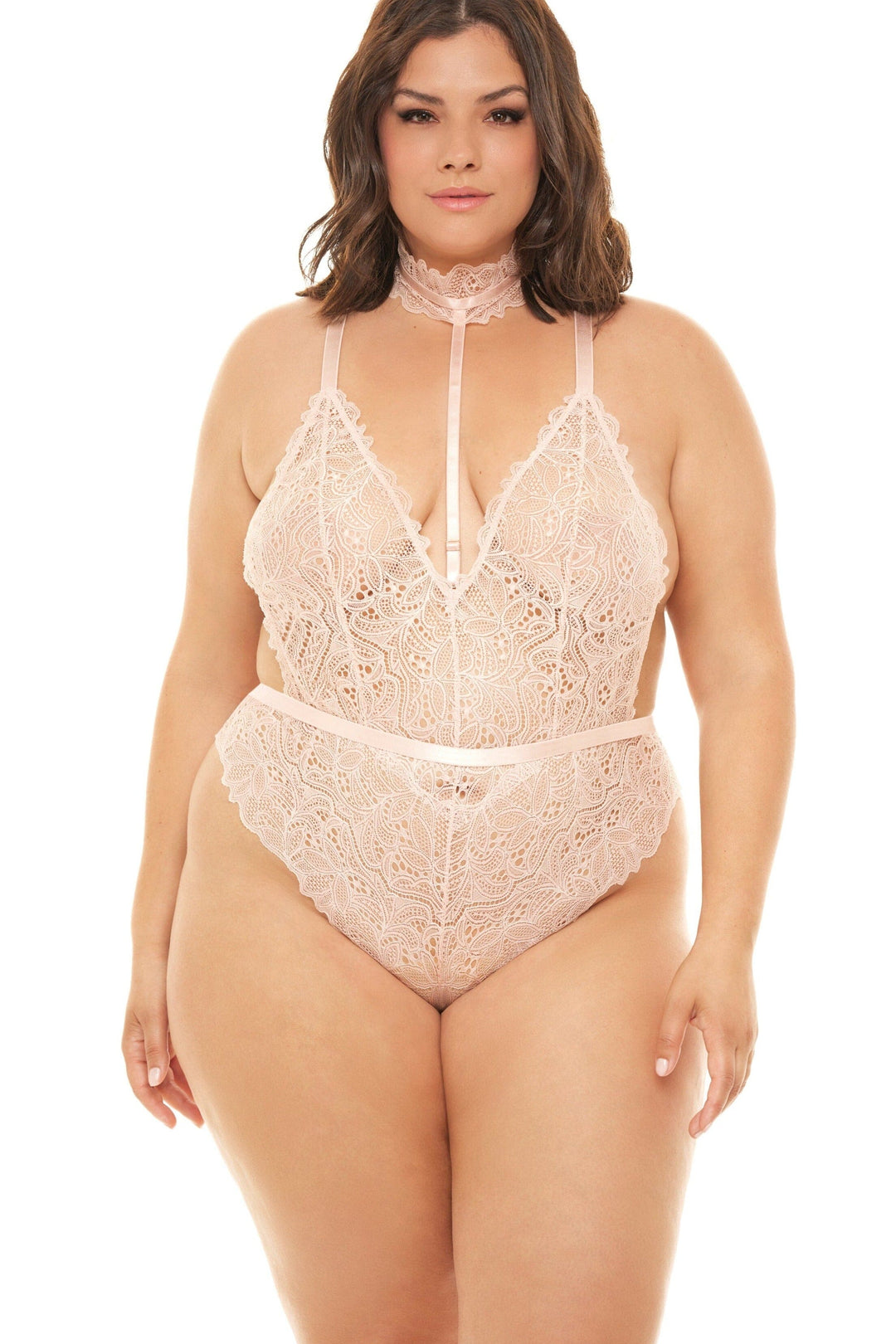 Lace Deep Plunge Teddy With Open Back And Harness Collar Detailing-Teddies-Oh La La Cheri-Nude-3X/4X-SEXYSHOES.COM