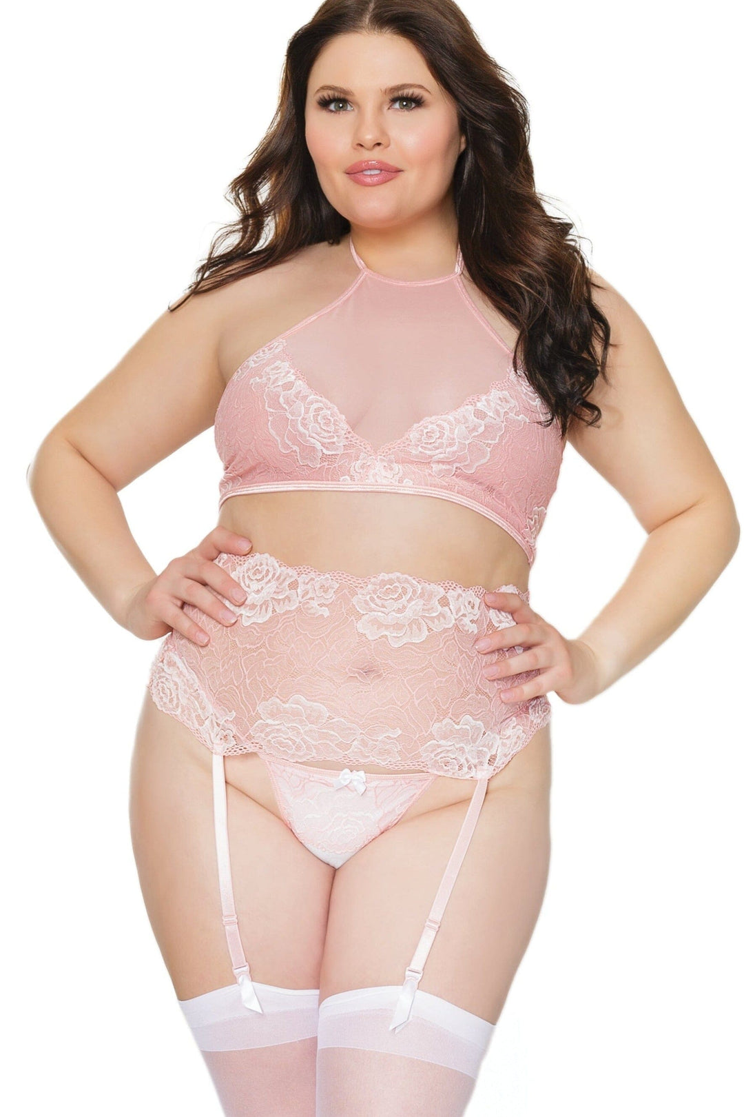 Coquette Lace Halter Crop Top And Matching G String in Pink  from SexyShoes.com