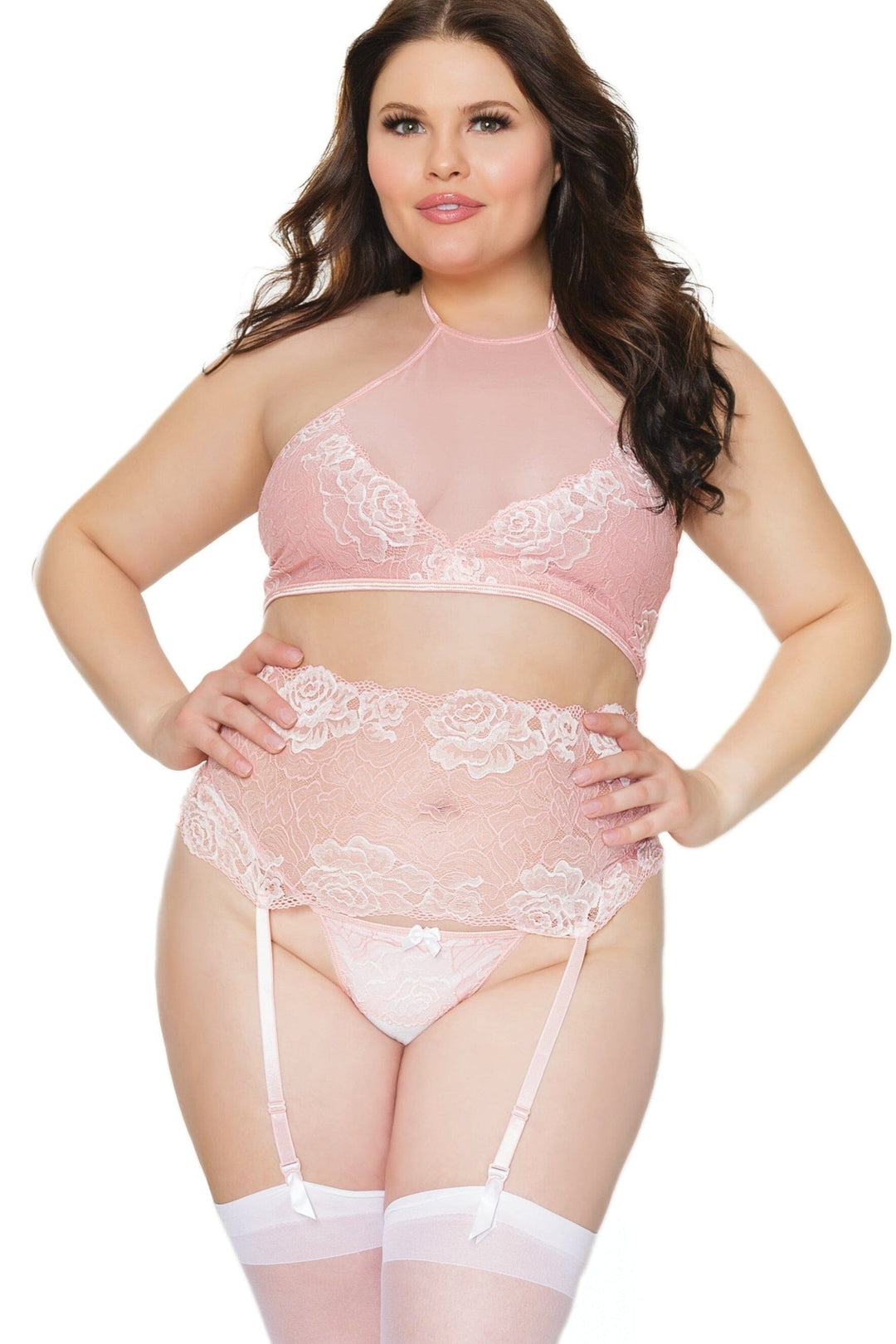 Lace Halter Crop Top And Matching G-String | Plus Size-Lingerie Sets-Coquette-Pink-Q-SEXYSHOES.COM