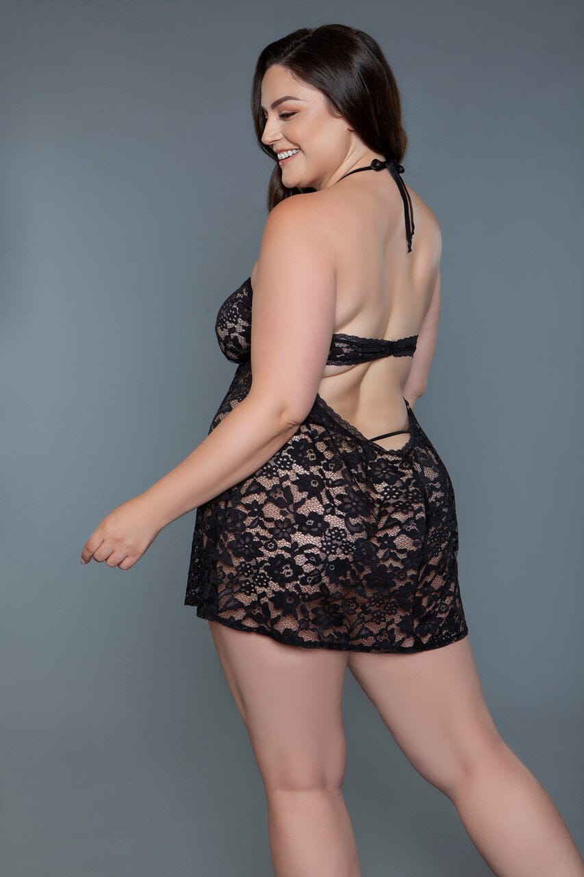 Lace Halter Top Babydoll With Criss Cross Front Detail | Plus Size-Babydolls-BeWicked-SEXYSHOES.COM