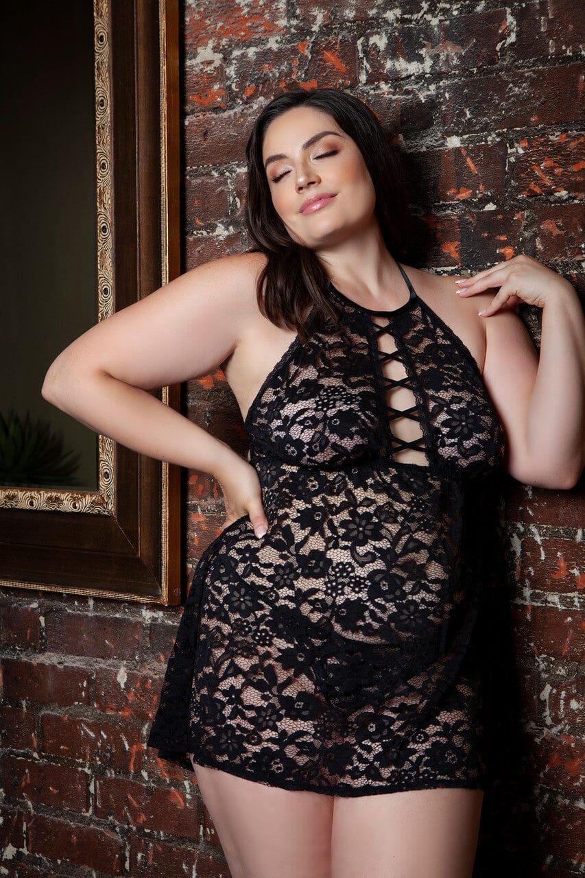 Lace Halter Top Babydoll With Criss Cross Front Detail | Plus Size-Babydolls-BeWicked-SEXYSHOES.COM