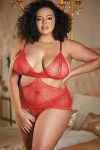 Allure Lace Peek A Boo Chemise And Ouverte G String in Red  from SexyShoes.com