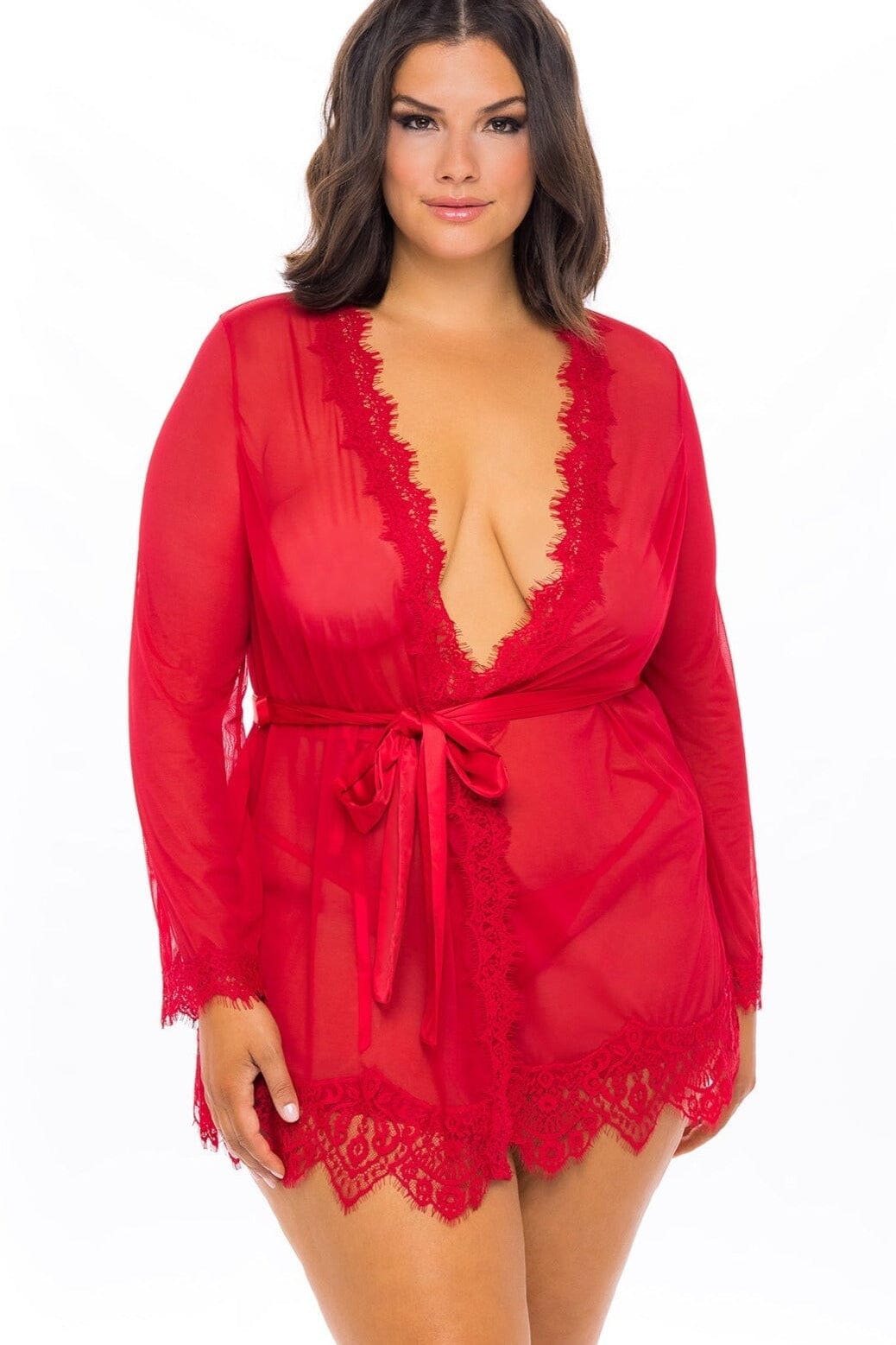 Lace Robe Set-Gowns + Robes-Oh La La Cheri-Red-1X/2XL-SEXYSHOES.COM