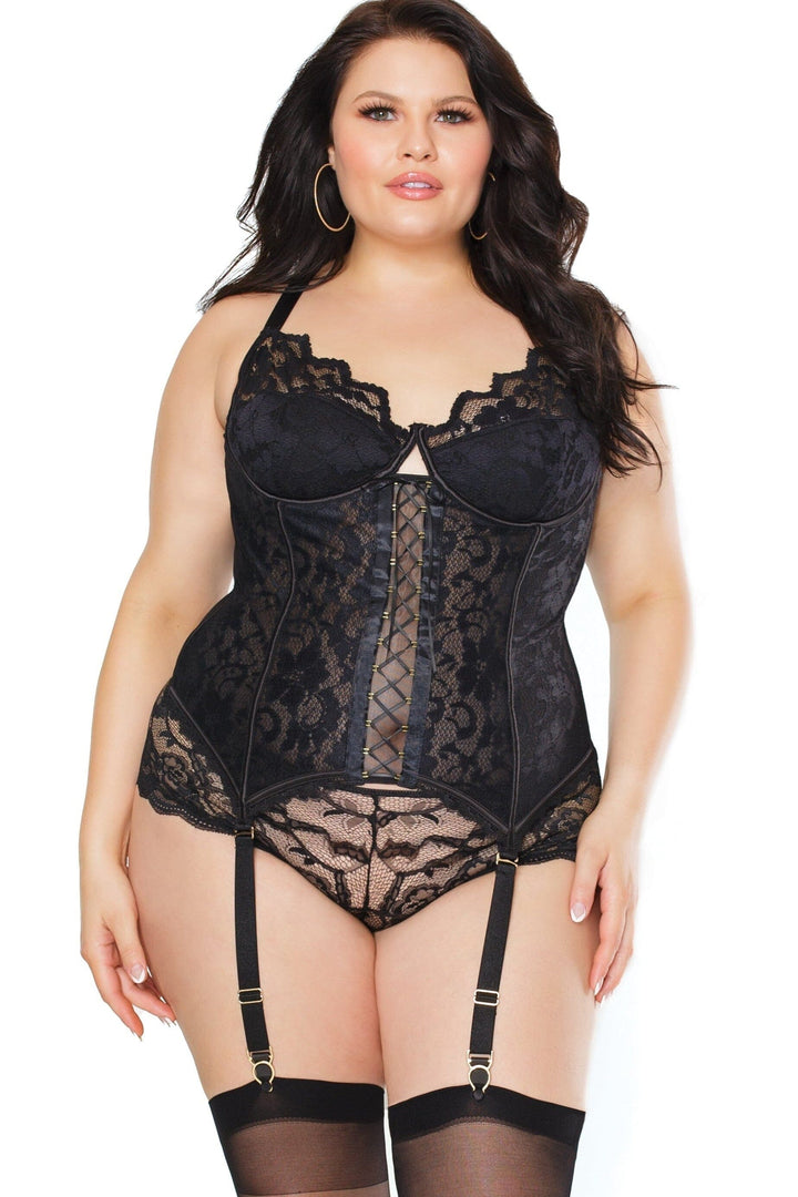 Lace bustier With Garters | Plus Size-Teddies-Coquette-Black-1/2XL-SEXYSHOES.COM