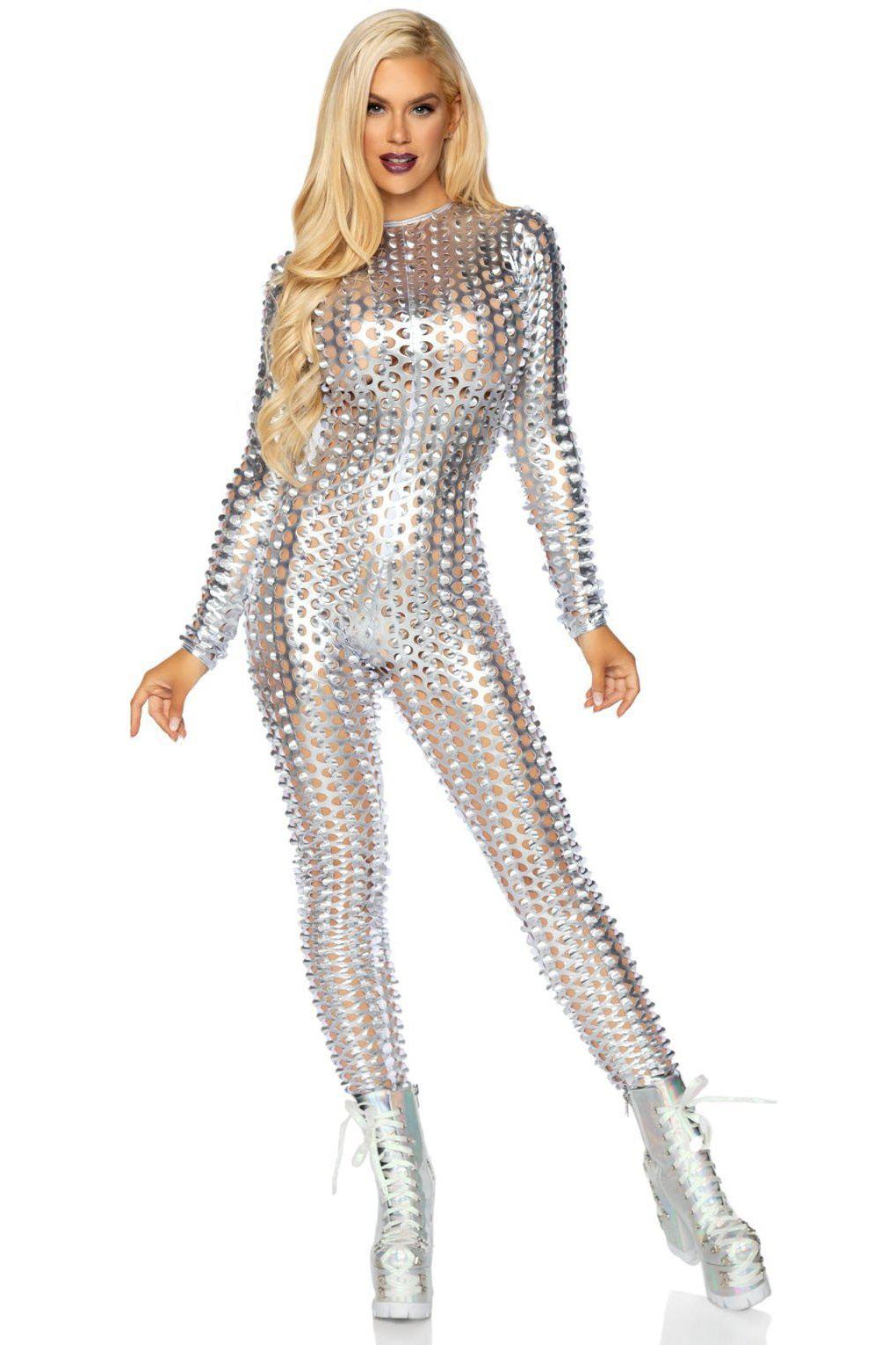 Lasercut Metallic Catsuit-Dancewear Rompers-Leg Avenue-Silver-S-SEXYSHOES.COM