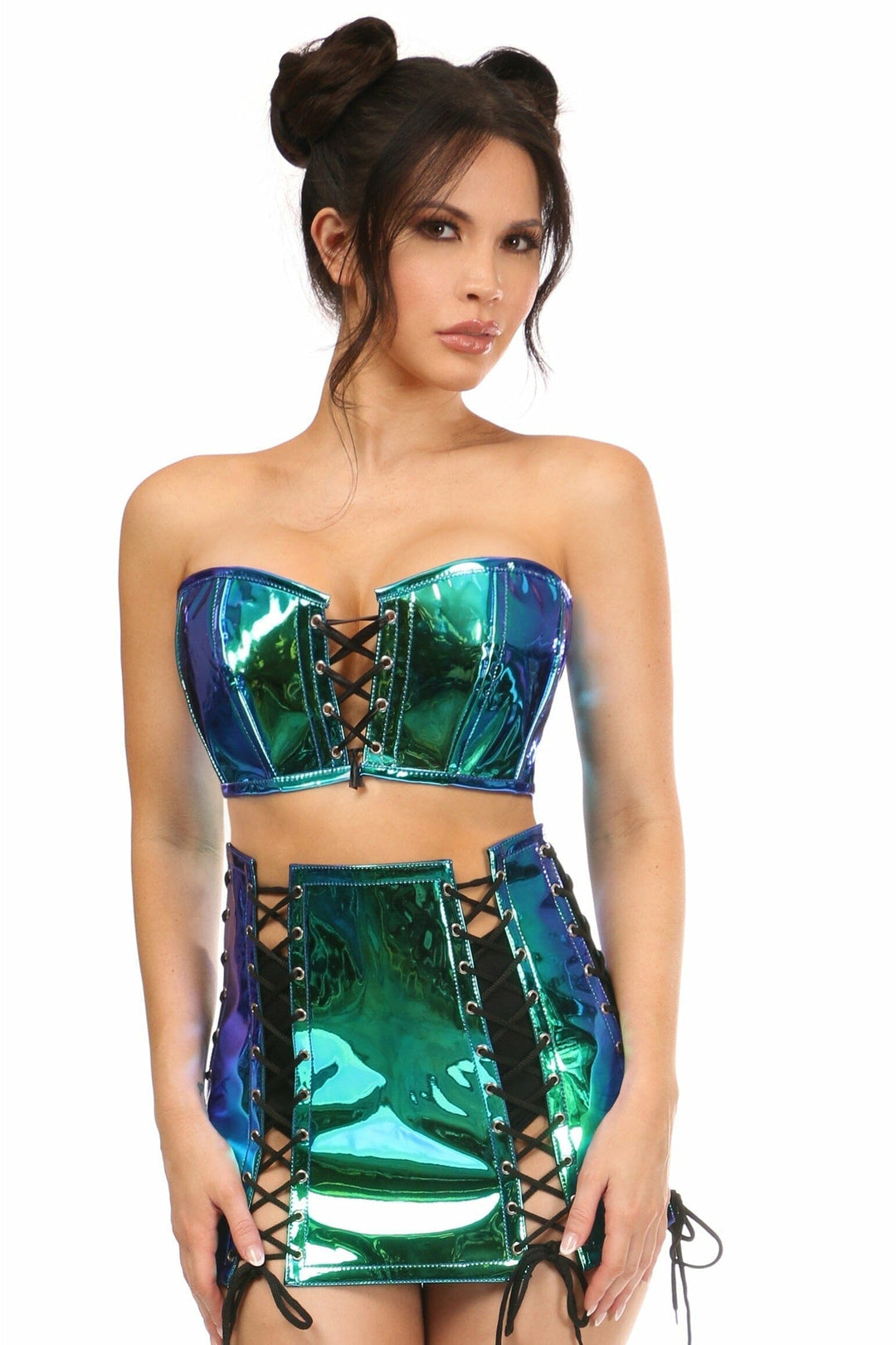 Lavish 2 PC Blue/Teal Holo Bustier & Skirt Set-Bustier Sets-Daisy Corsets-Hologram-S-SEXYSHOES.COM