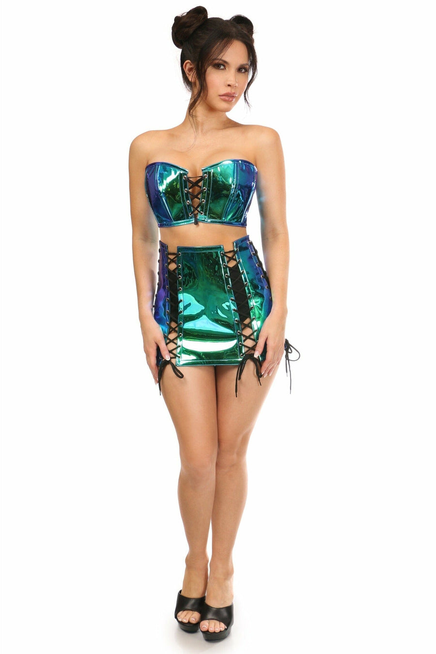 Daisy Corsets Lavish 2 PC Blue/Teal Holo Bustier & Skirt Set in Hologram 