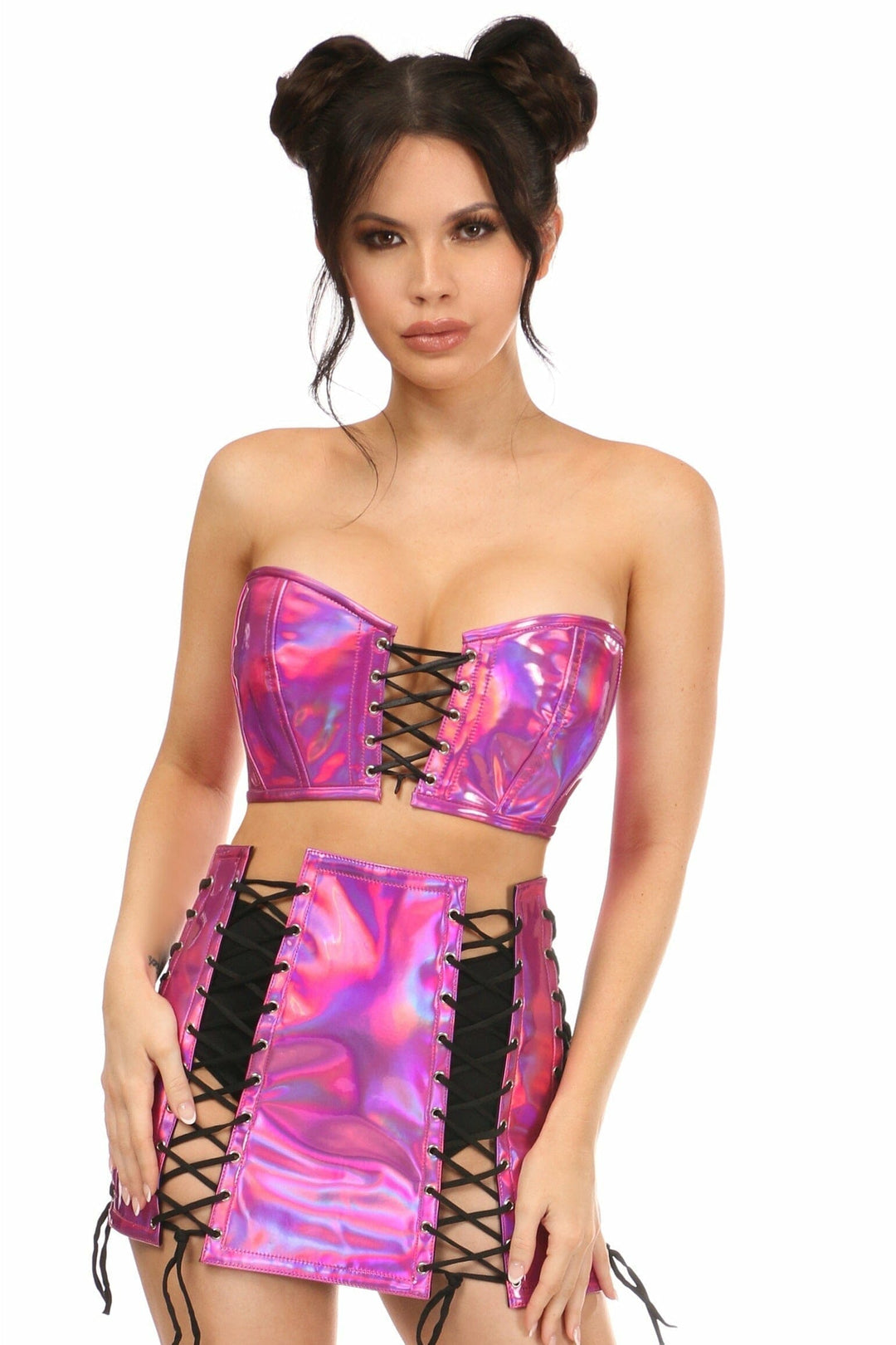 Lavish 2 PC Fuchsia Holo Bustier & Skirt Set-Bustier Sets-Daisy Corsets-Hologram-S-SEXYSHOES.COM