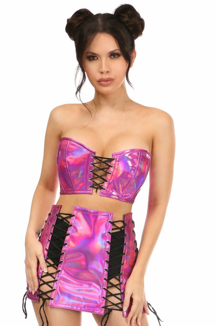 Lavish 2 PC Fuchsia Holo Bustier & Skirt Set-Bustier Sets-Daisy Corsets-Hologram-S-SEXYSHOES.COM