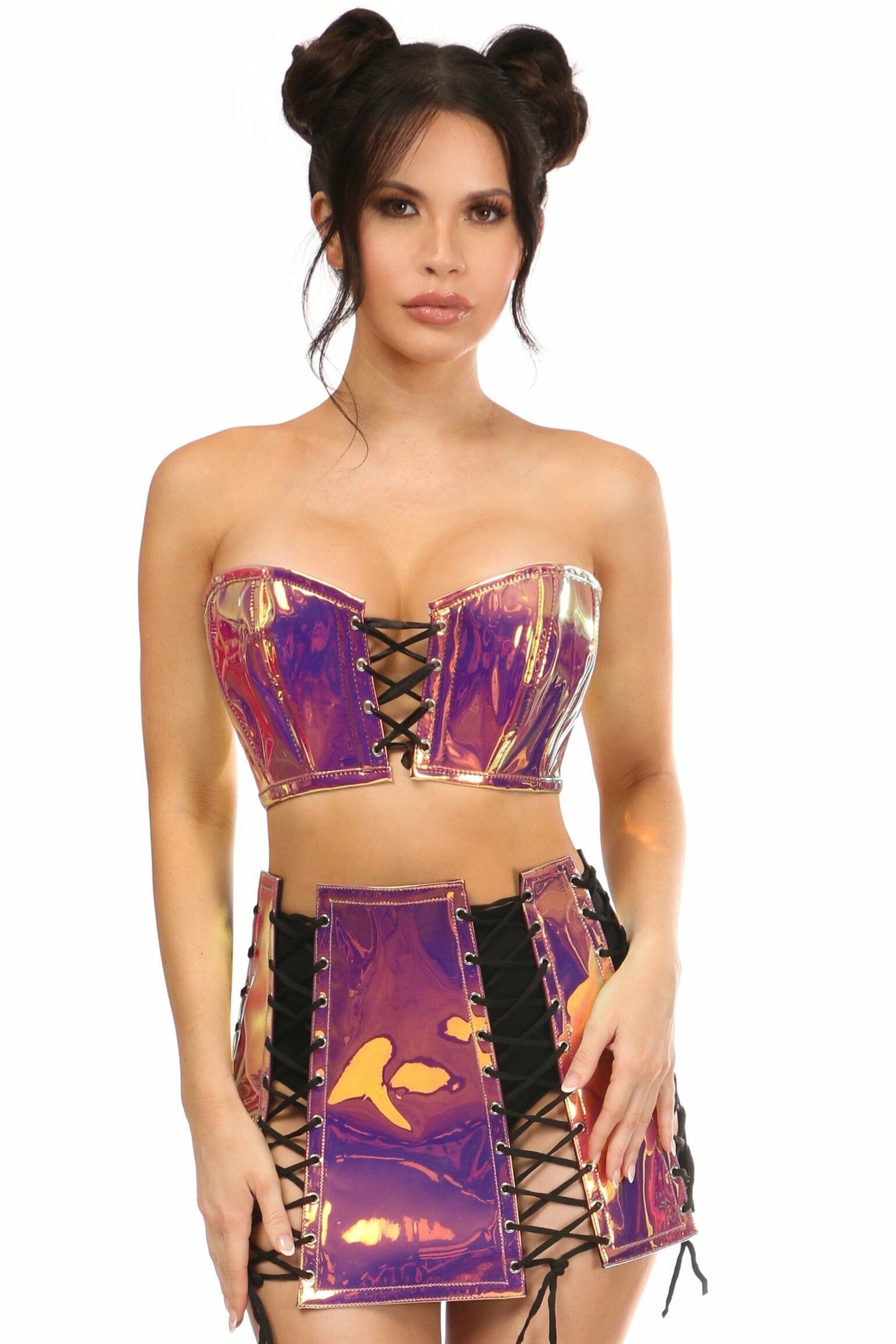 Lavish 2 PC Rainbow Gold Holo Bustier Skirt Set SEXYSHOES.COM