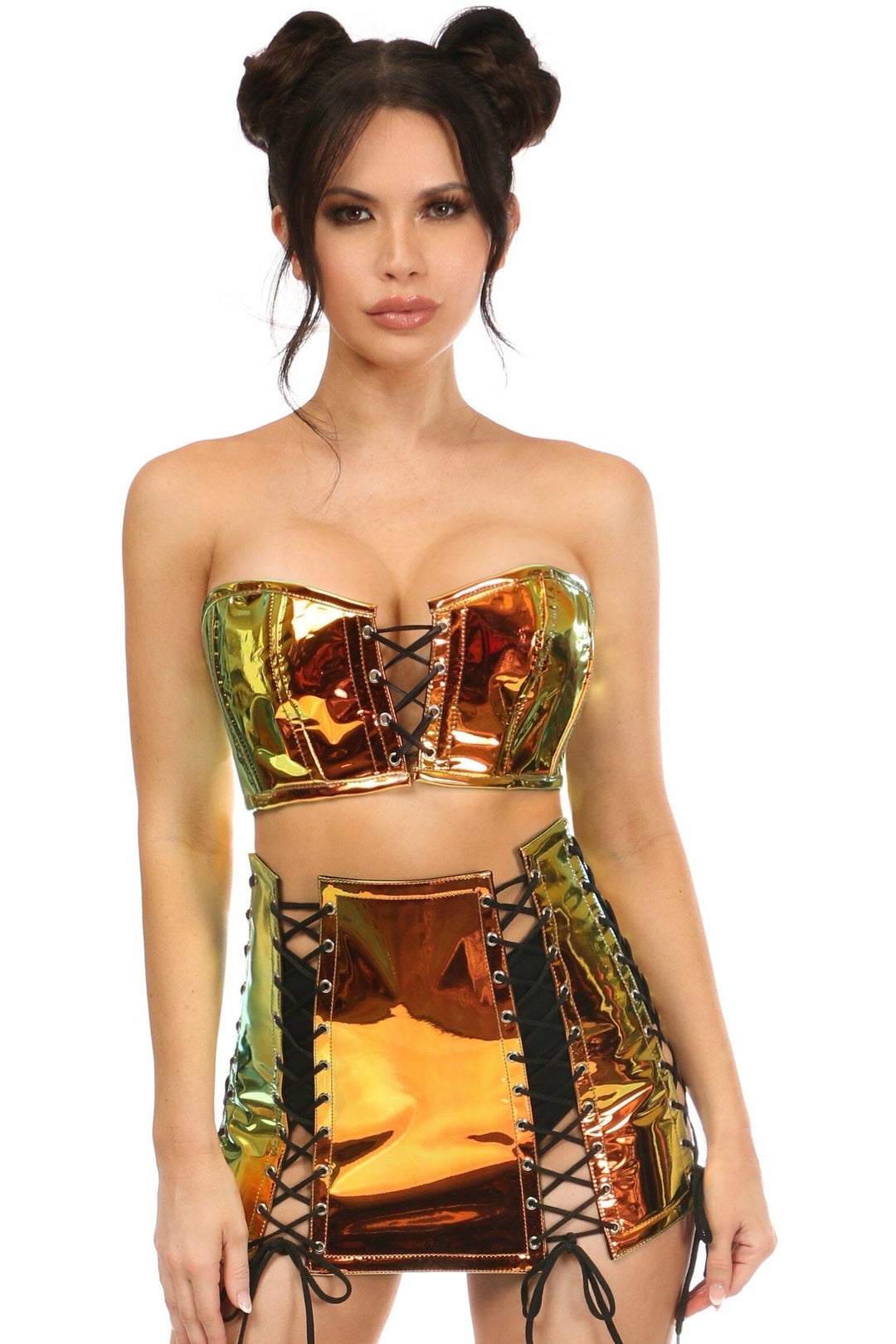 Lavish 2 PC Sunset Holo Bustier & Skirt Set-Bustier Sets-Daisy Corsets-Hologram-S-SEXYSHOES.COM
