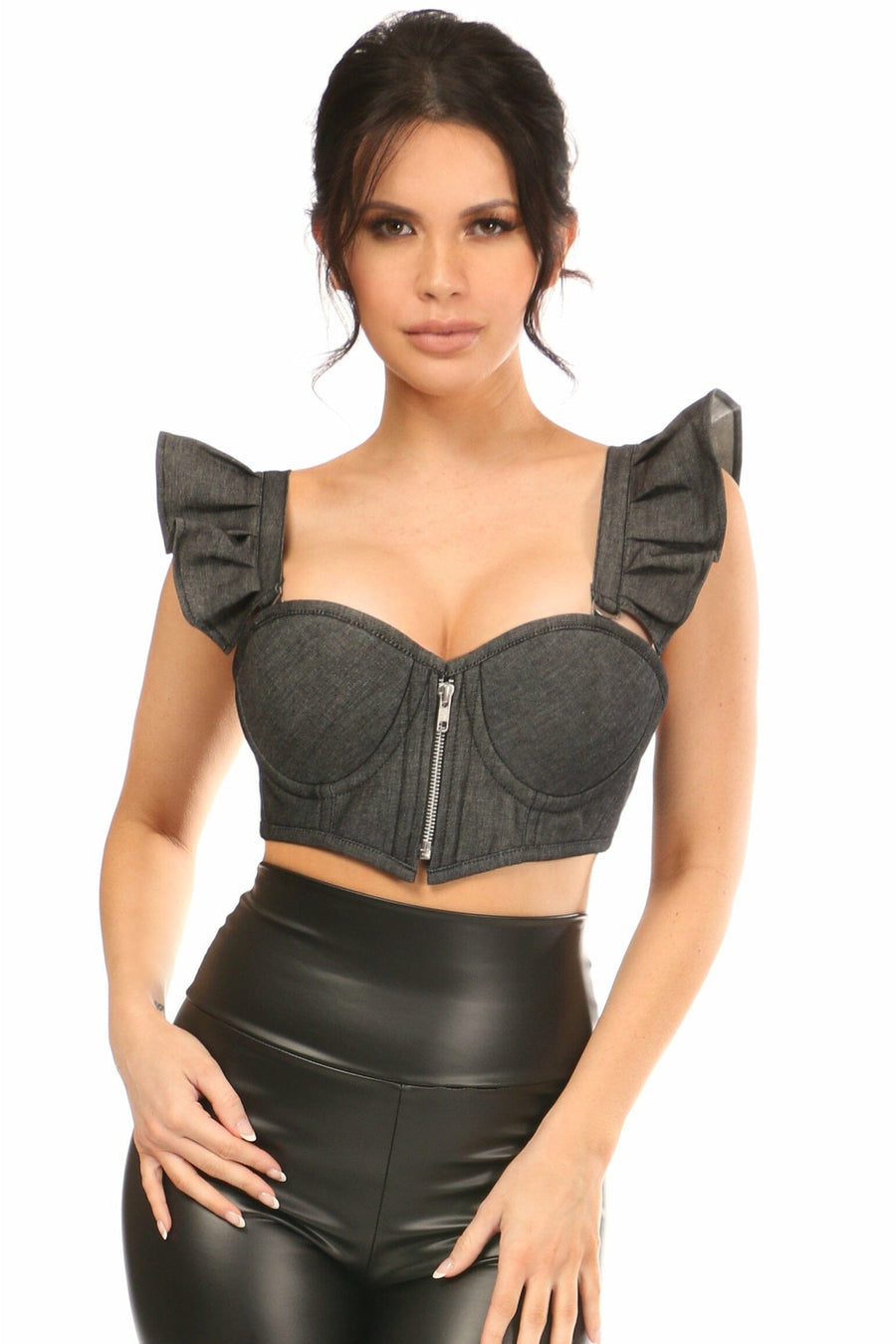 Daisy Corsets Lavish Black Denim Underwire Bustier Top w/Removable Ruffle Sleeves in Black  from SexyShoes.com