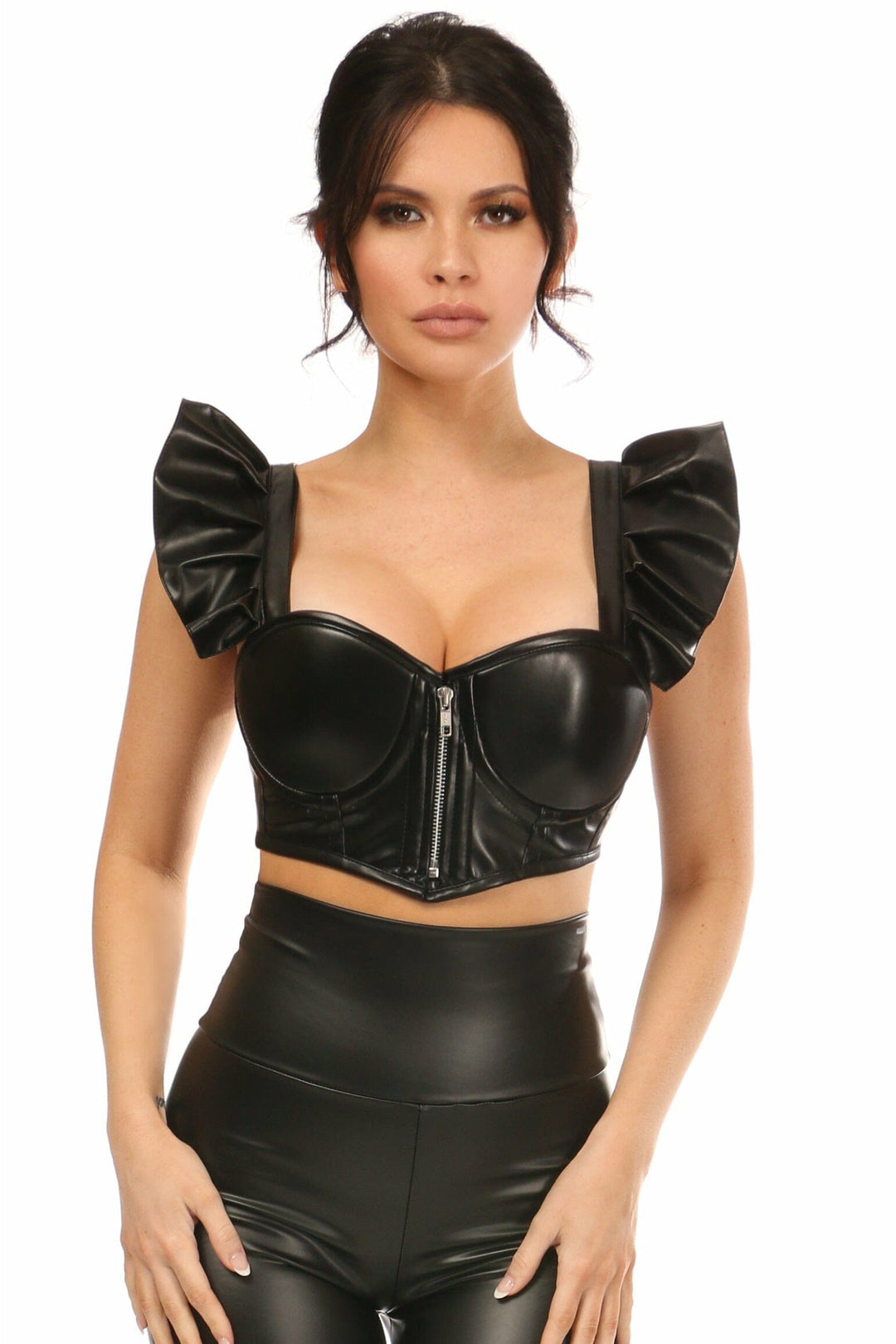Lavish Black Faux Leather Underwire Bustier Top w/Removable Ruffle Sleeves-Bustier Tops-Daisy Corsets-Black-S-SEXYSHOES.COM