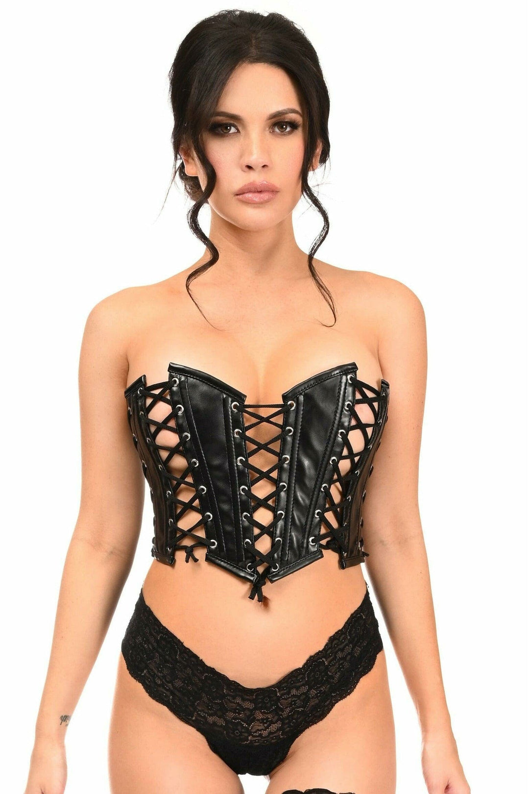 Lavish Black Faux Leather w/Black Lacing Lace-Up Bustier-Bustier Corsets-Daisy Corsets-Black-S-SEXYSHOES.COM