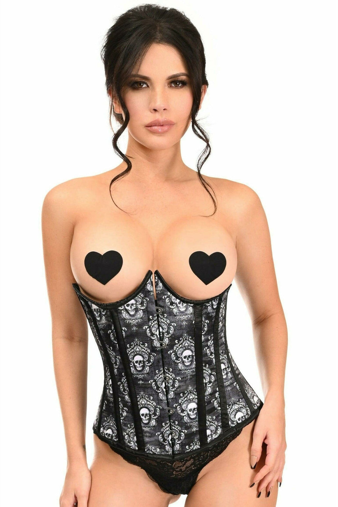 Lavish Black Skull Print Underwire Open Cup Underbust Corset-Underbust Corsets-Daisy Corsets-Black-S-SEXYSHOES.COM