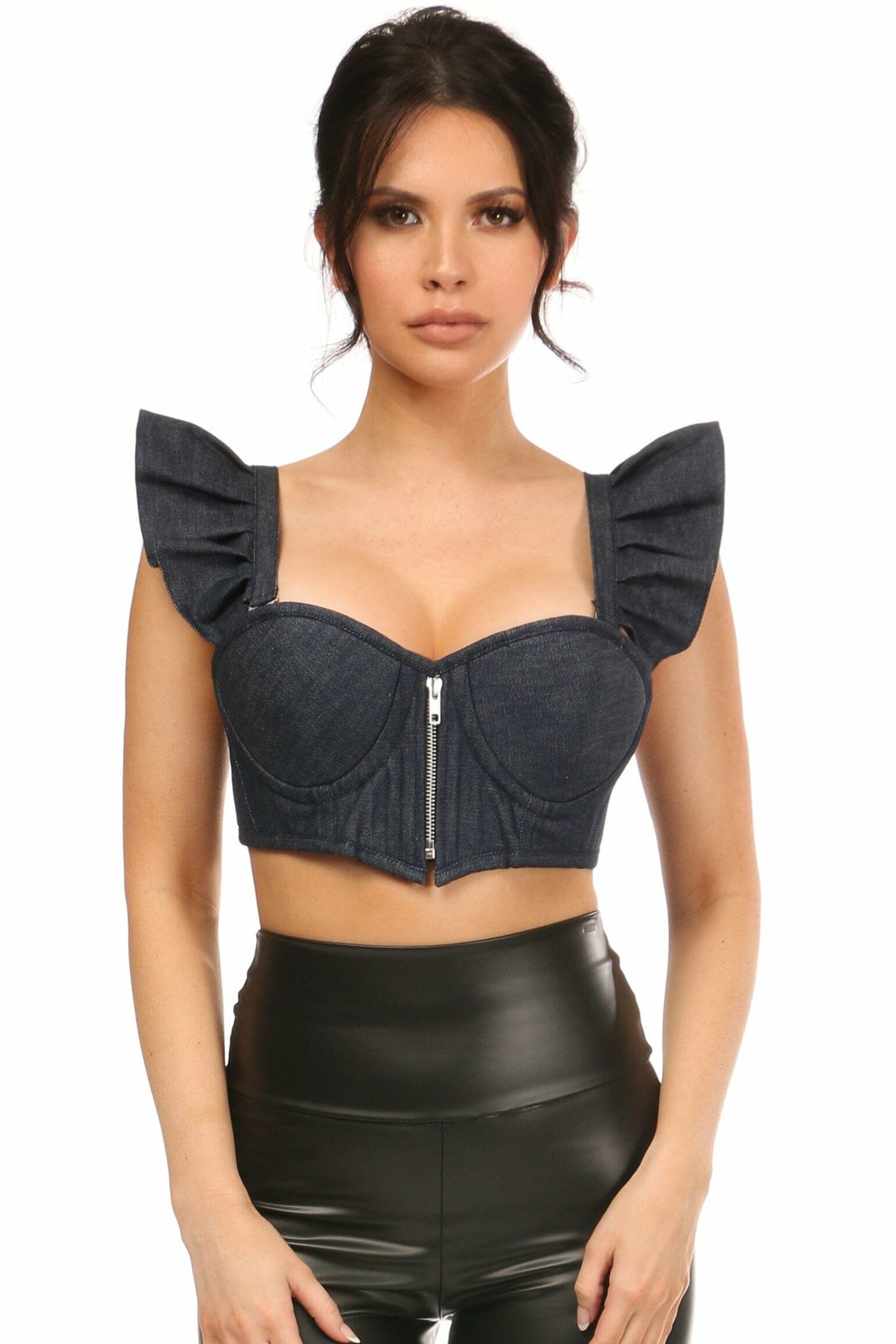 Lavish Blue Denim Underwire Bustier Top w/Removable Ruffle Sleeves-Bustier Tops-Daisy Corsets-Blue-S-SEXYSHOES.COM