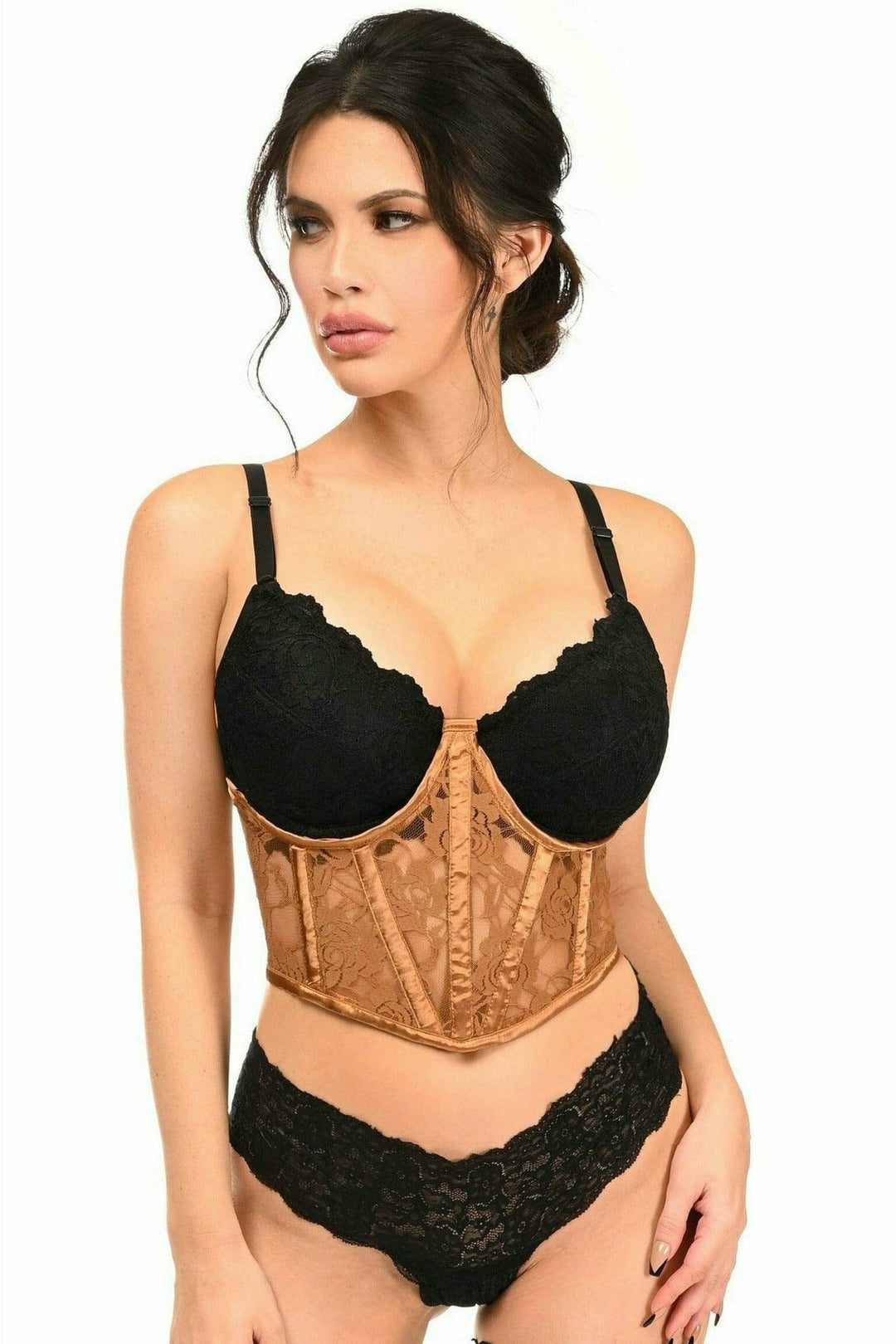 Daisy Corsets Lavish Caramel Sheer Lace Underwire Waist Cincher Corset in Brown 