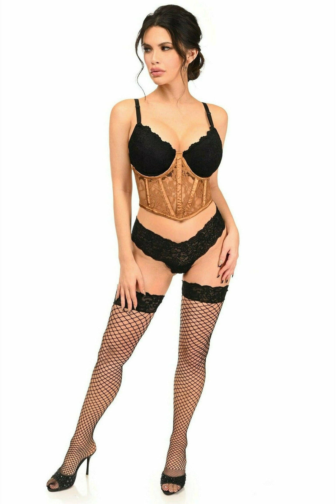 Lavish Caramel Sheer Lace Underwire Waist Cincher Corset-Waist Cincher-Daisy Corsets-SEXYSHOES.COM